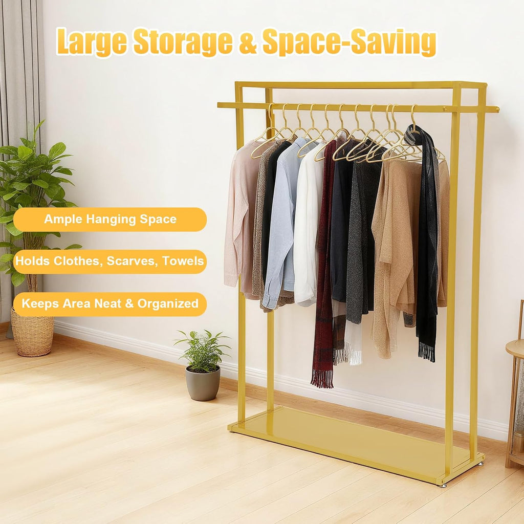 Gold Heavy Duty Clothing Rack Floor Standing Garment Rack Modern Clothes Metal Display Rack Double Hanging Rods Hangers for Wedding Clothes, Daily Home or Shop