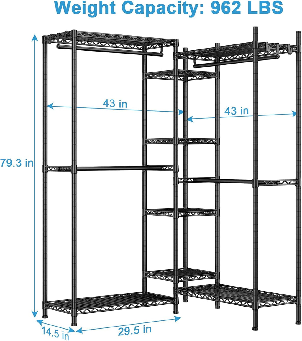Ulif E4 Clothes Rack, Heavy-Duty Garment Rack, Metal Freestanding Clothing Organization Storage System Can Be L-Shaped with Shelves and Hangers, Max Load 962lbs, 71.6' W x 14.5' D x 79.3' H, Black