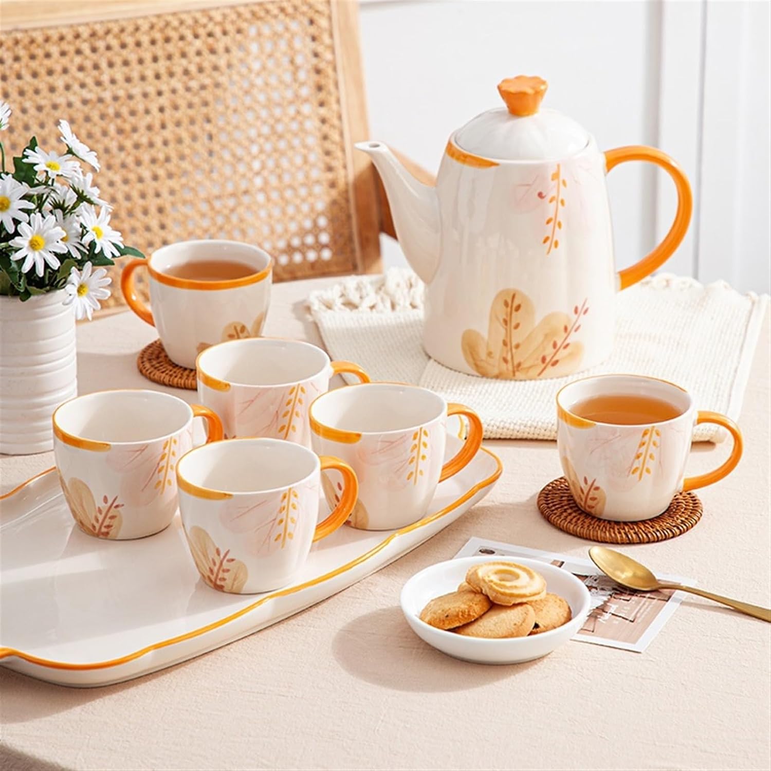 Beverage Serveware Household cold kettle, essential ceramic tea set for home, 8-piece set, creative floral tea set, souvenir gift Water Carafe