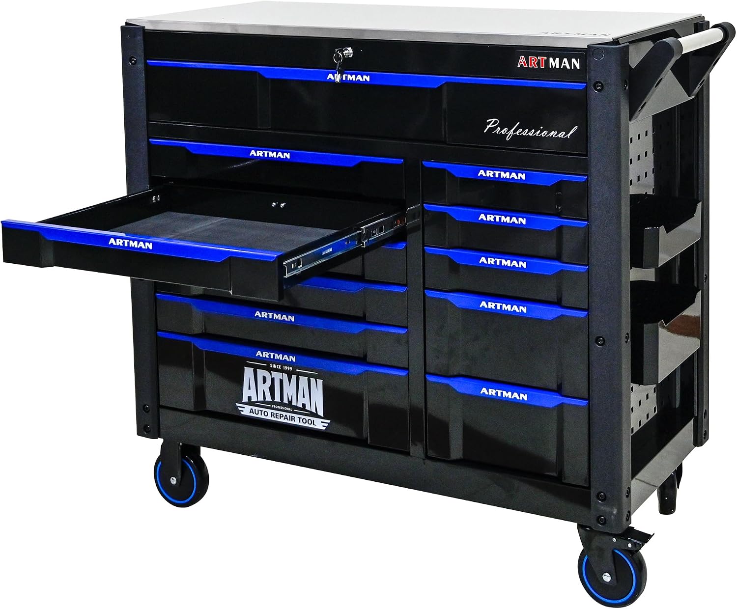 Large Tool Chest with Wheels, Rolling Toolbox with Drawers, Metal Storage Tool Cart with 41'' Stainless Steel Top and Side Handle for Garage, Shop (Bonus Drawer Liners) — Black/Blue