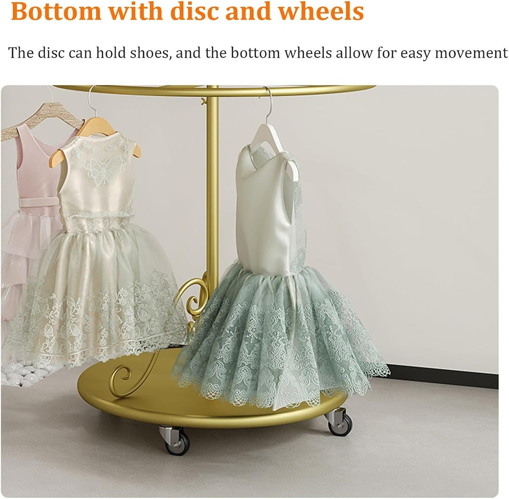 Rotatable Round Clothes Rack, 2-tier Retail Kids Garment Rack with Top Shelf and Wheels, Retail Clothing Display Stand with Wheels, for Boutique Retail Display(Gold)