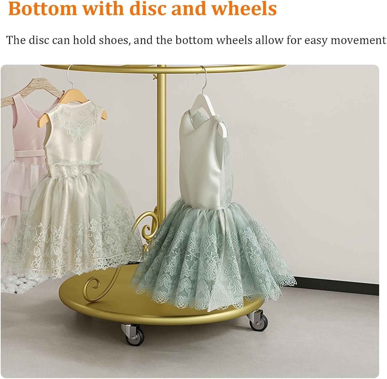 Rotatable Round Clothes Rack, 2-tier Retail Kids Garment Rack with Top Shelf and Wheels, Retail Clothing Display Stand with Wheels, for Boutique Retail Display(Gold)