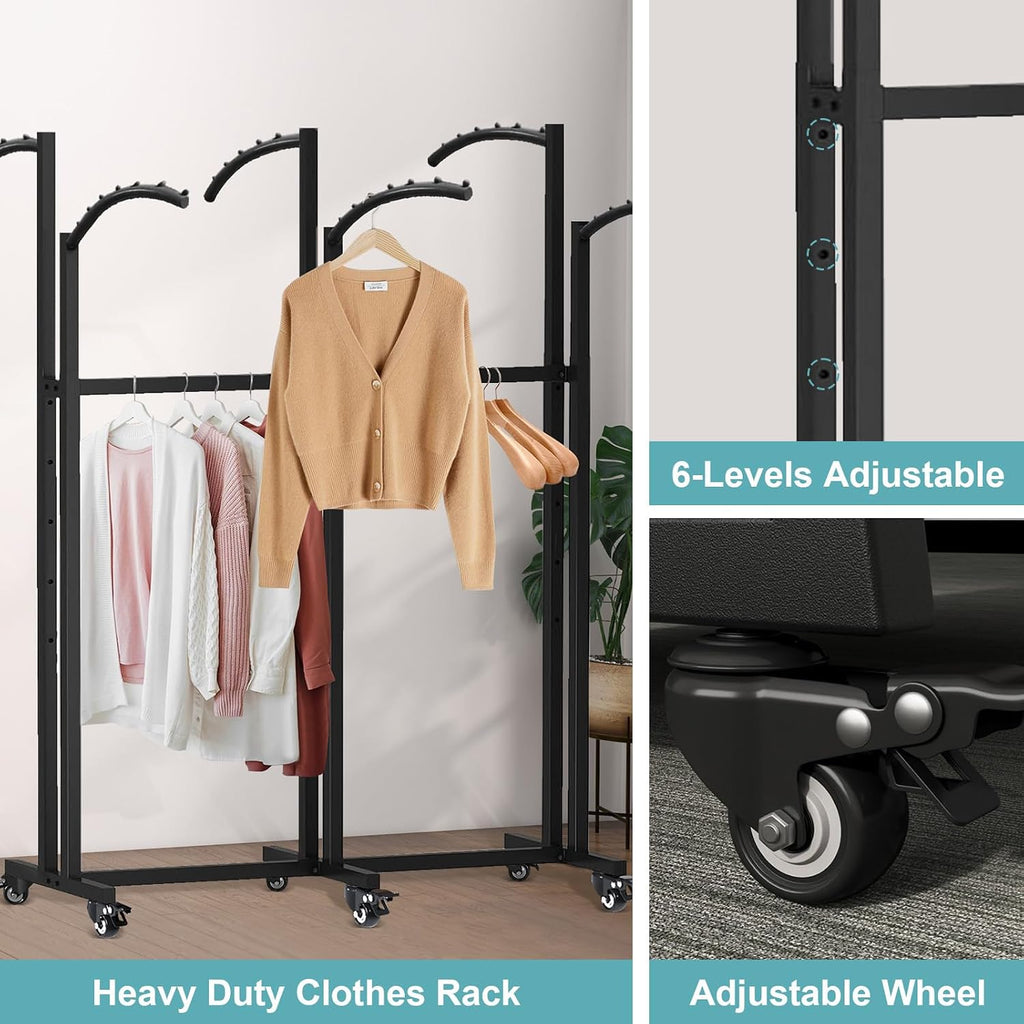 Floor Standing Metal Garment Rack, 6 Arms Clothing Display Rack with Wheels, Heavy Duty 48'' to 67'' Adjustable Height Rolling Retail Clothes Shirt for Hanging Clothes, Black