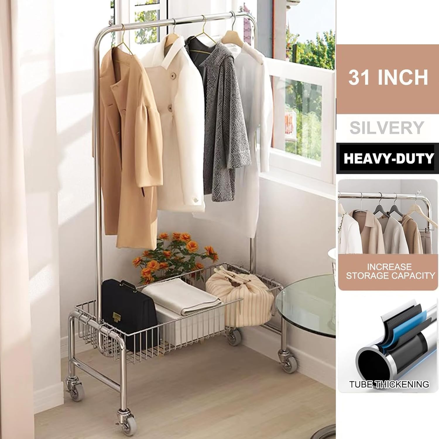SKVLF Modern Heavy Duty Metal Clothes Rack with Storage Basket, Chrome, 118X40X168CM, 280 LBS Capacity, For Coats, Clothes, Shirts, Pants