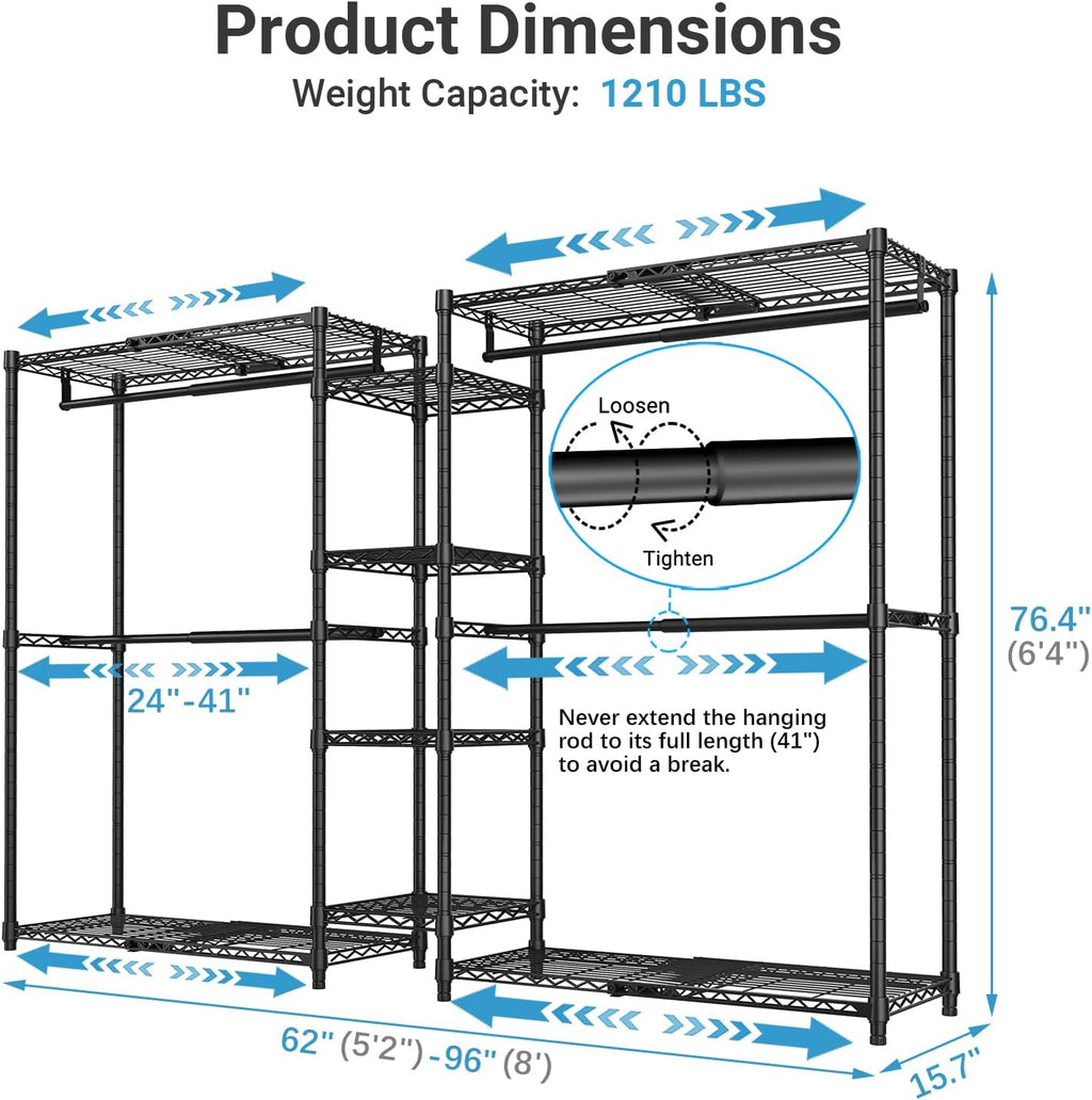 VIPEK X3 Expandable Heavy Duty Clothes Rack Adjustable from 5'2' to 8' with Adjustable Shelves and Hanger Rods, Large Freestanding Clothing Racks Reach-in & Walk-in Closet, Max Load 1210LBS, Black