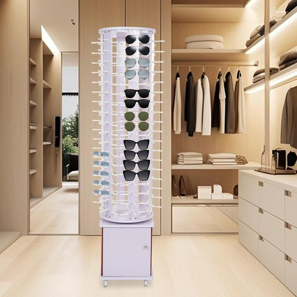 108 Pairs Glasses Sunglasses Display Stand, 360° Rotating Glasses Storage Display Rack with Cabinet, Floor Sunglasses Display Rack with Wheels, 66.14in Height with Wheels (Light Purple)