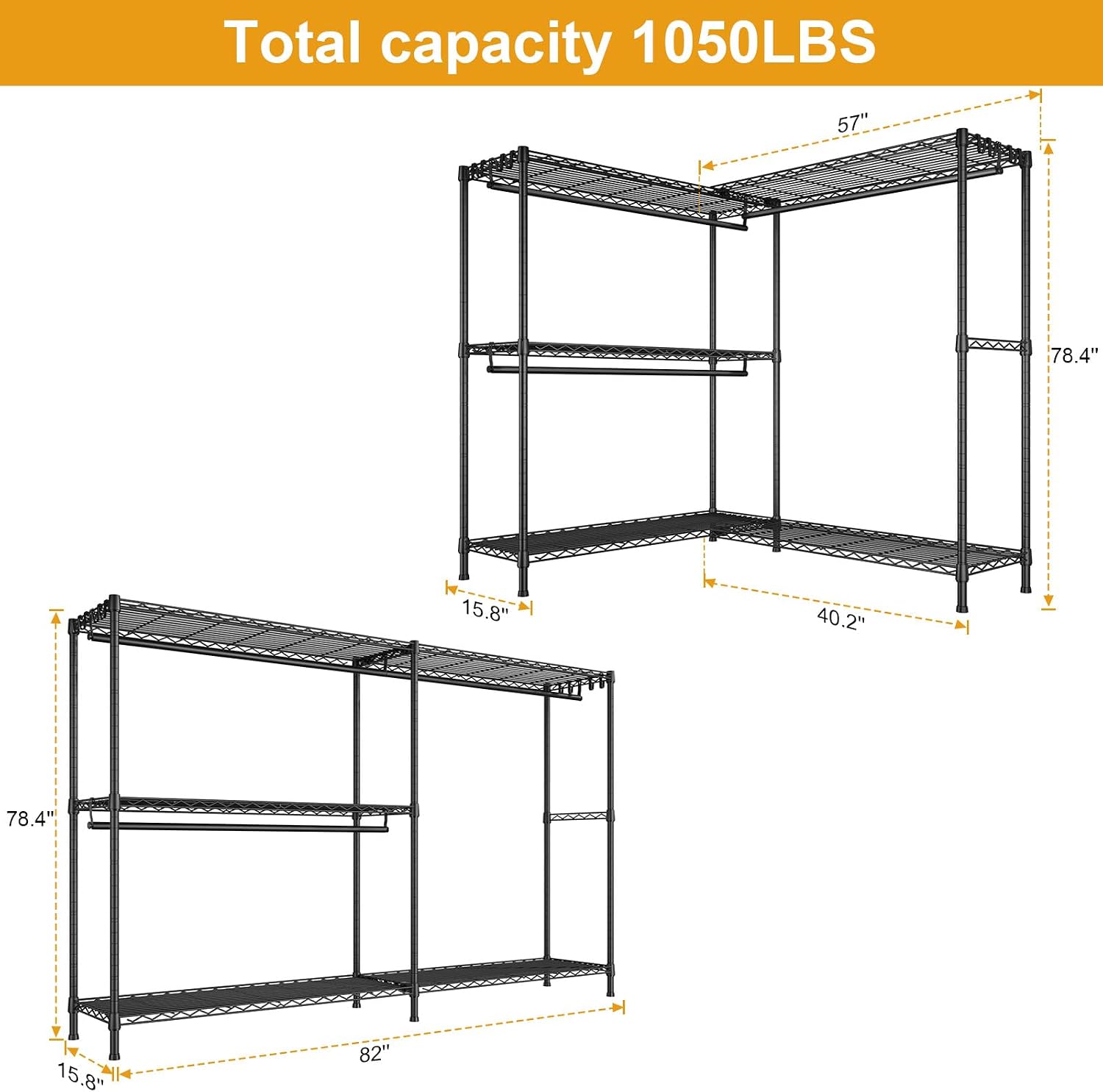 ULIFHOME E15 Max Garment Rack L Shaped Clothes Rack for Corner，Freestanding Clothing Racks for Hanging Clothes，Heavy Duty Closet System with 4 Hanging Rods & 8 S Hooks，57' W x 15.8' D x 78.4' H，Black