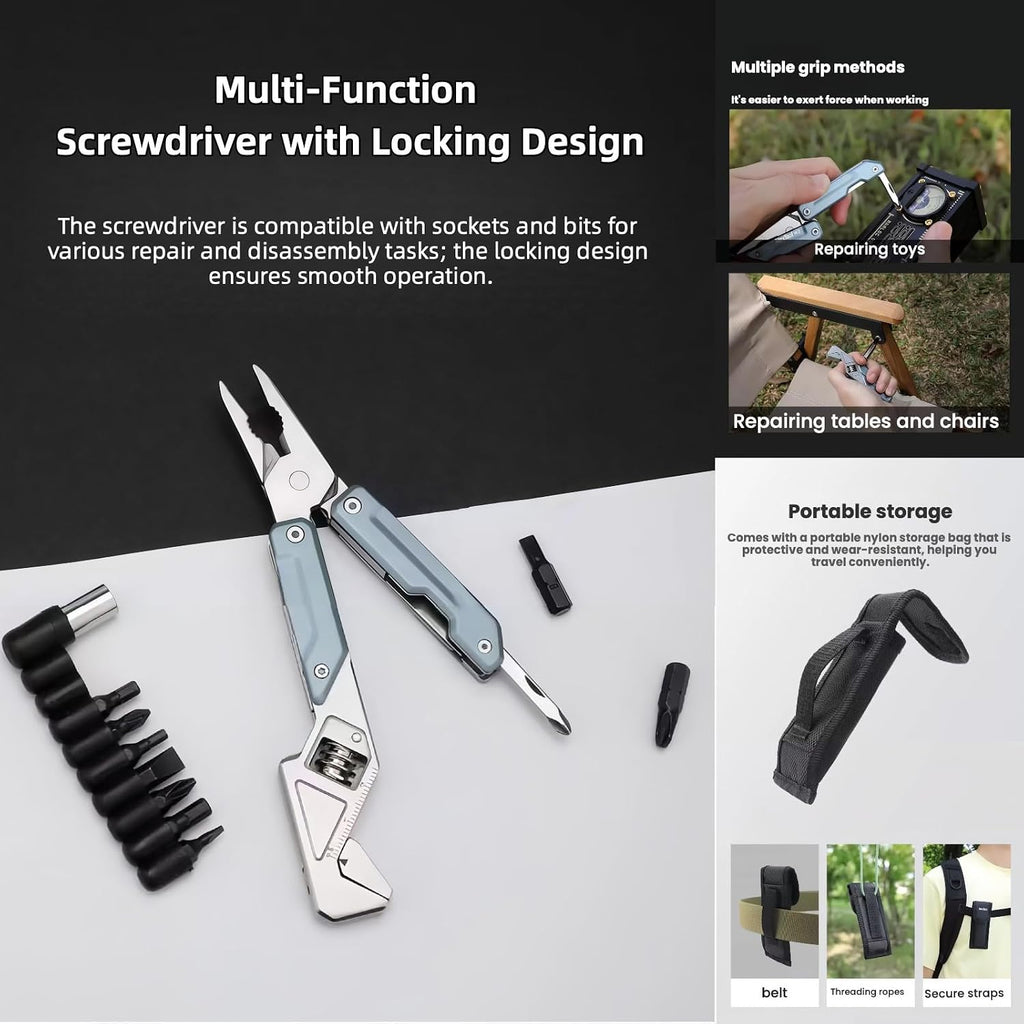 Multitools, 8-in-1 Full-Size, Lightweight EDC, Multi-Purpose Pliers, Small Wrench, Nylon Bag, Portable Tools, Men Gift Ideas, Equipment for Emergencies, Hiking, and Outdoor Camping (Blue)