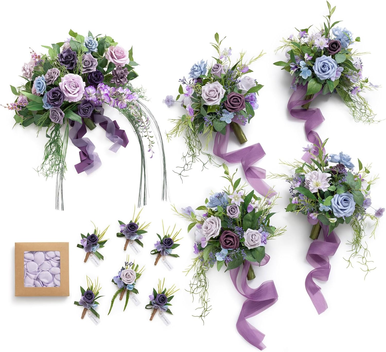 Ling's moment Wedding Artificial Flowers Package, Bridal Bouquet, Bridesmaid Bouquets, Boutonniere for Men, Rose Petals.Sage Purple Provence