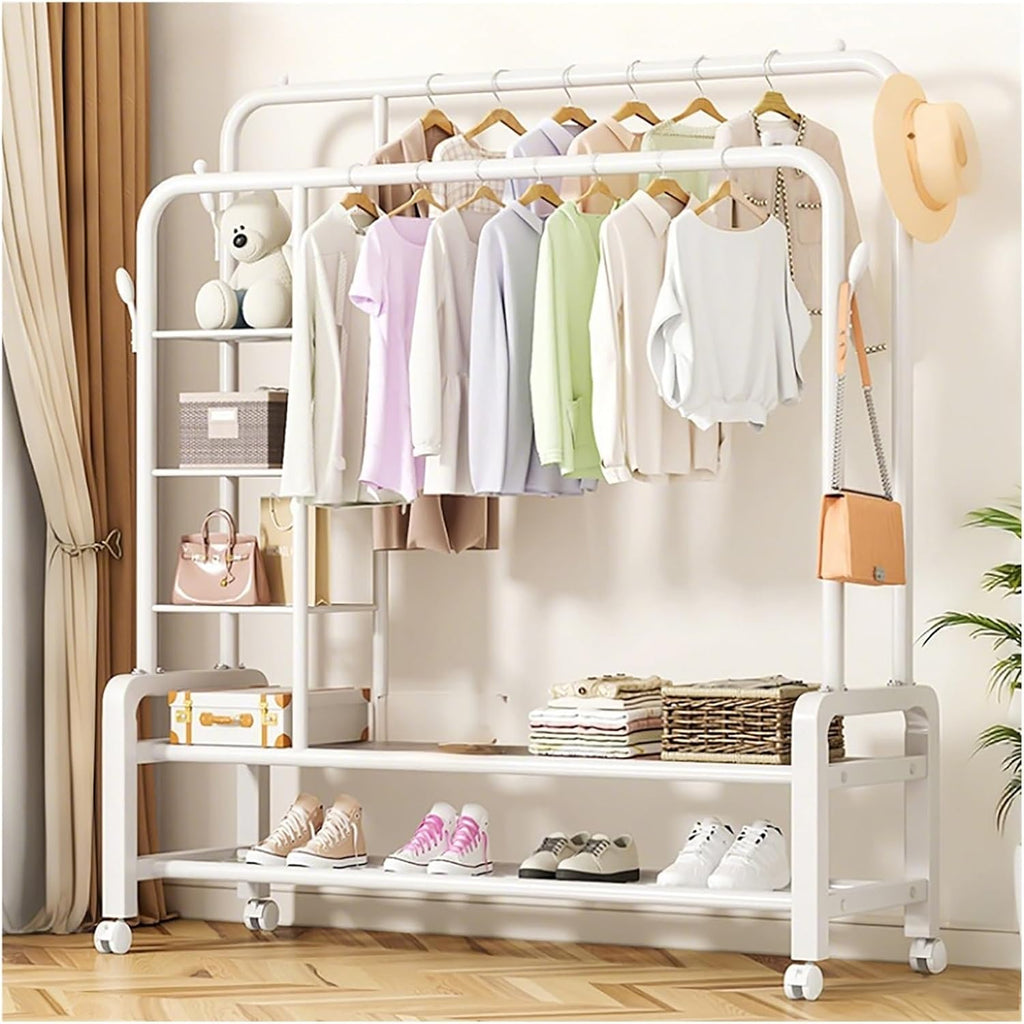 Rolling Garment Rack With Wheels, Double Rods Clothing Rack, Standing Metal Clothes Racks With Shelves, Portable Wardrobe Sturdy Racks For Bedroom Entryway(White,130cm/51.2in)