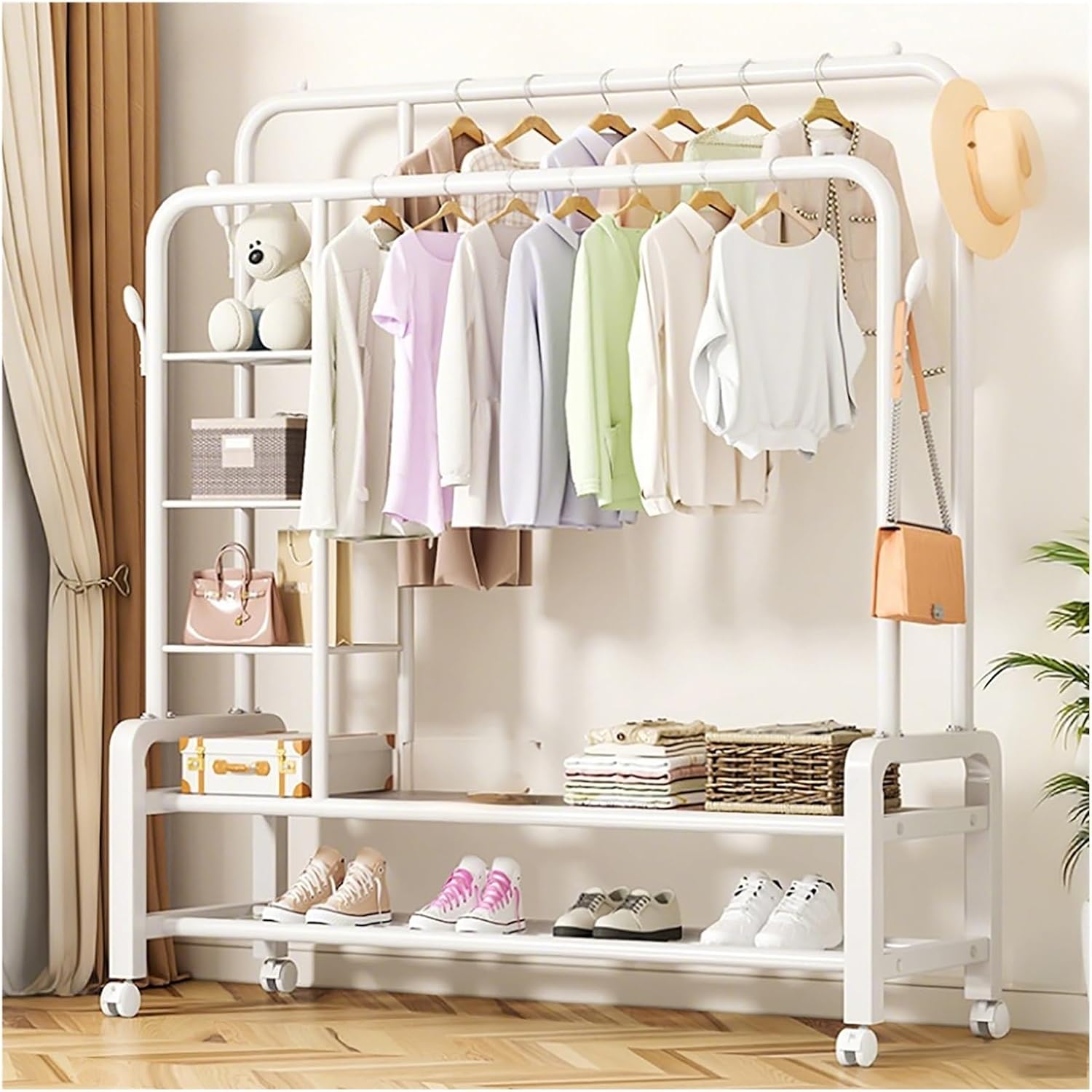 Rolling Garment Rack With Wheels, Double Rods Clothing Rack, Standing Metal Clothes Racks With Shelves, Portable Wardrobe Sturdy Racks For Bedroom Entryway(White,130cm/51.2in)