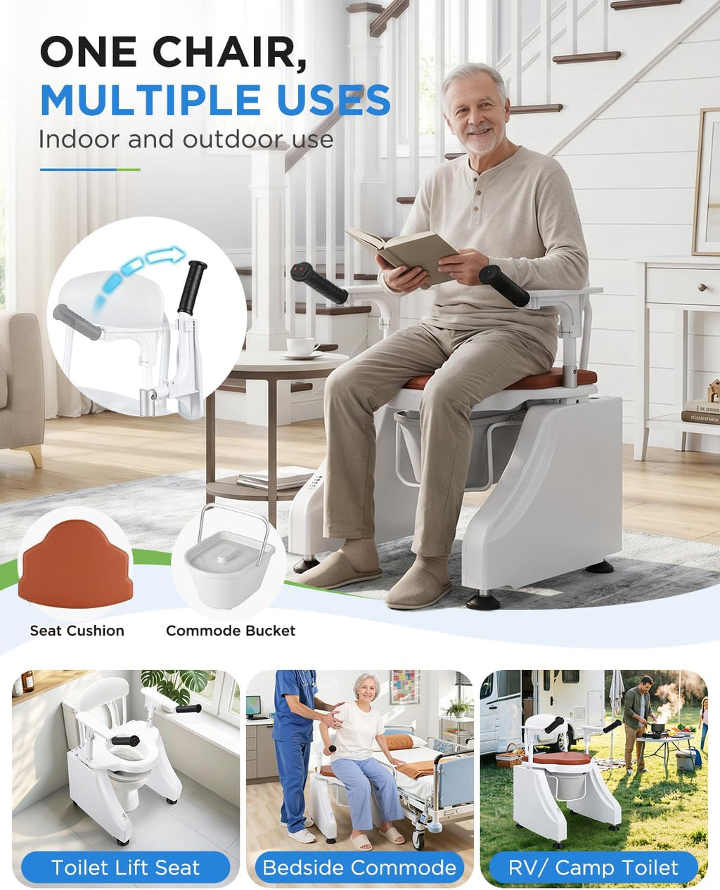 Motorized Toilet Seat Lift - 440lb Heavy Duty Electric Toilet Seat Risers for Seniors, Bedside Commode & Stand Assist, Cordless Dual Motor Toilet Lifts, Flip-up Arms for Easy Transfer