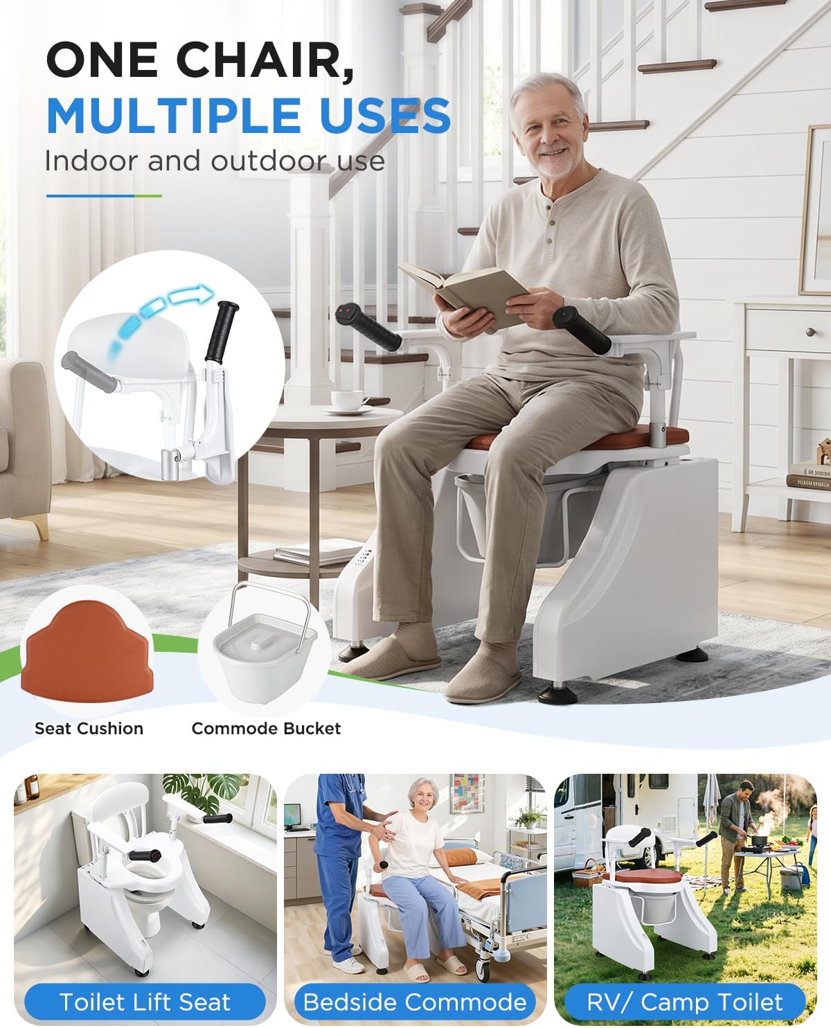 Motorized Toilet Seat Lift - 440lb Heavy Duty Electric Toilet Seat Risers for Seniors, Bedside Commode & Stand Assist, Cordless Dual Motor Toilet Lifts, Flip-up Arms for Easy Transfer