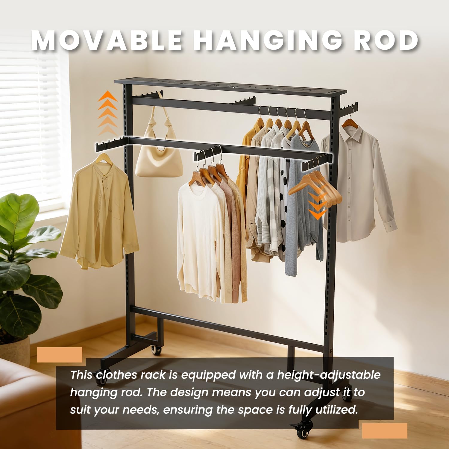 Retail Clothing Rack with wheels, 6 Arms Commercial Clothing Display, Height Adjustable Garment Rack, Free Standing Metal Clothing Rack, for Retail clothing store Home Laundry Room (black)