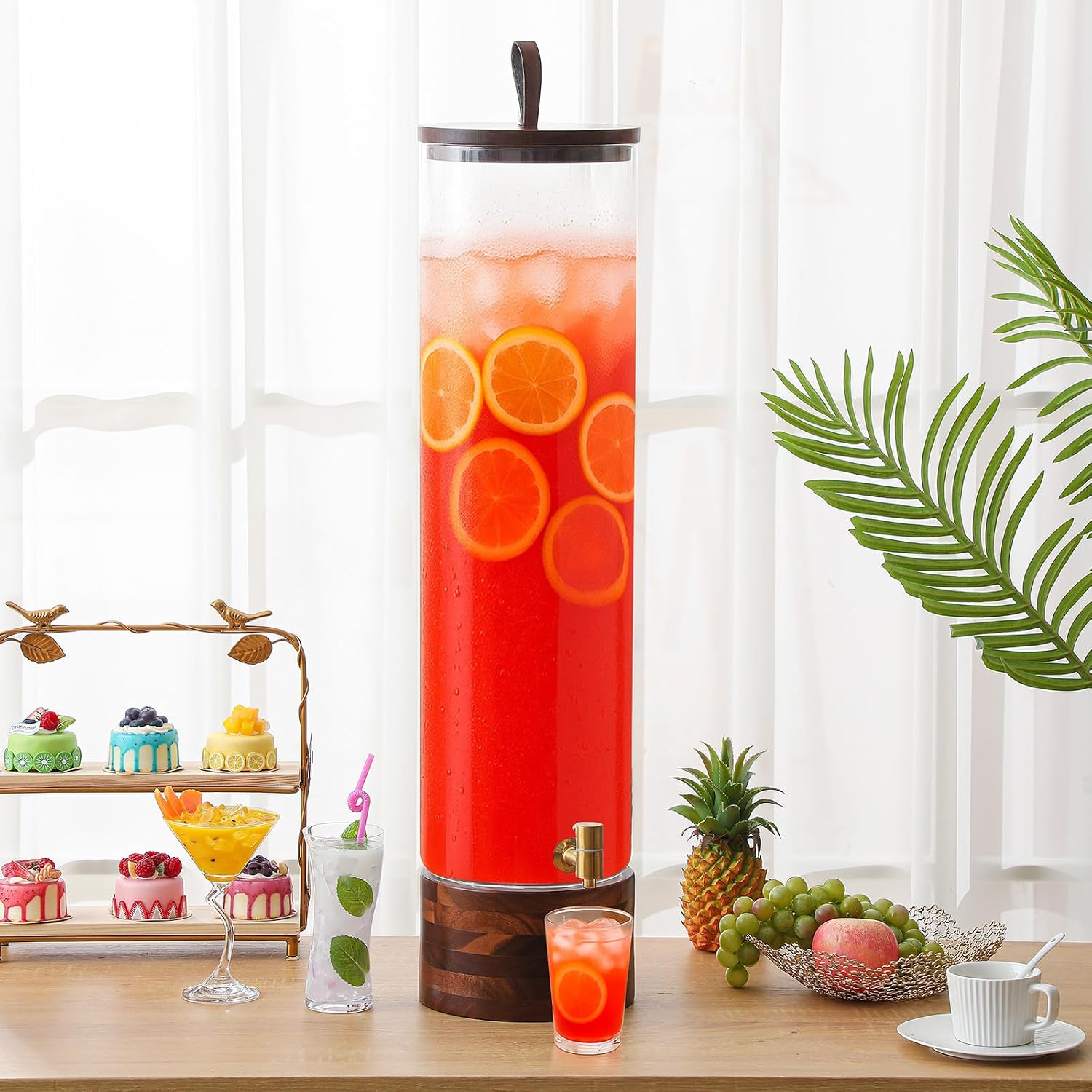 FillTouch 1 Pack 5 Gallon Glass Drink Dispenser with Acacia Wood Stand & Lid,Stainless Steel Spigot ,Large Leak-Proof Drink Beverage Dispenser for Juice Lemonade Sangria Party Weddings Outdoor Events