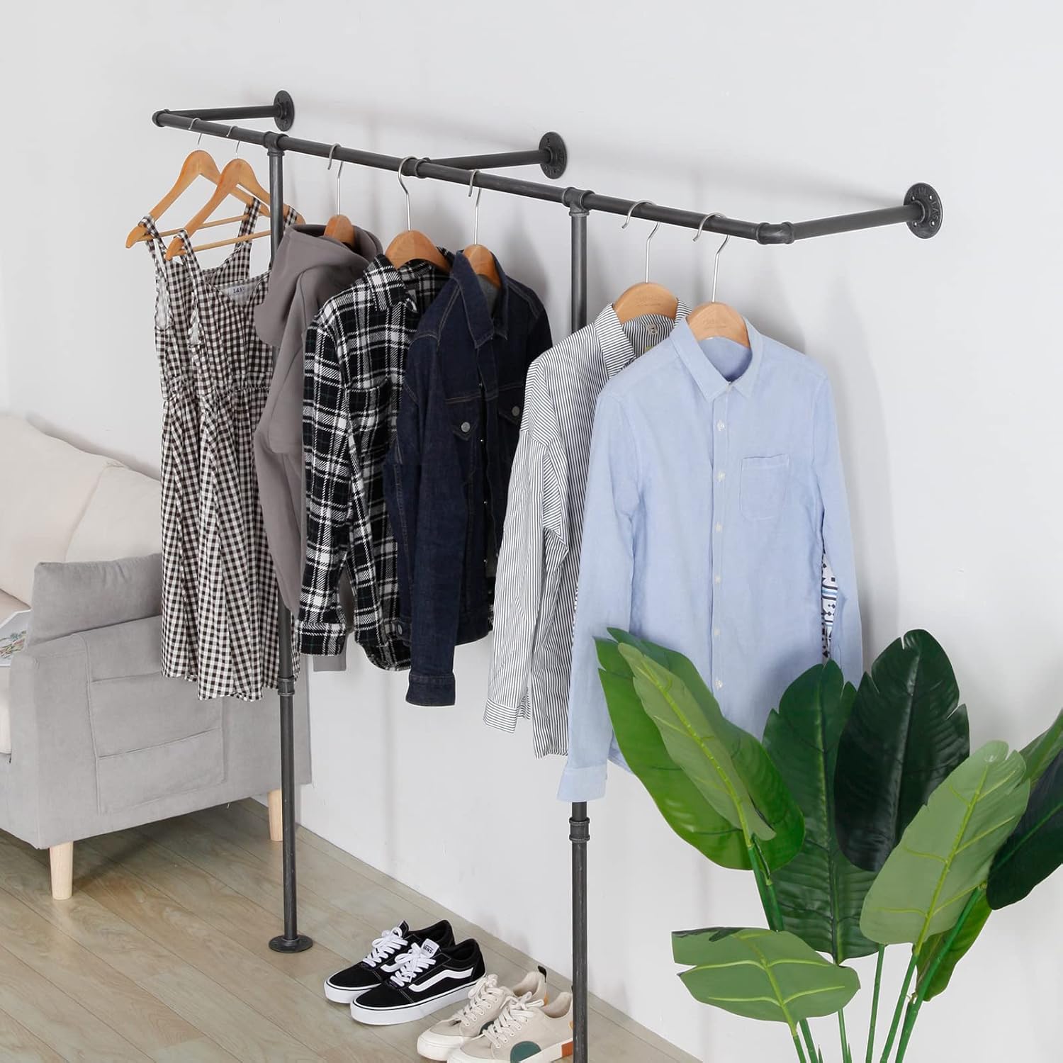 Industrial Pipe Clothes Rack, Heavy Duty Wall Mounted Black Iron Garment Bar,Retail Display Rack Closet Storage Clothes Organizer (80.7, Black)