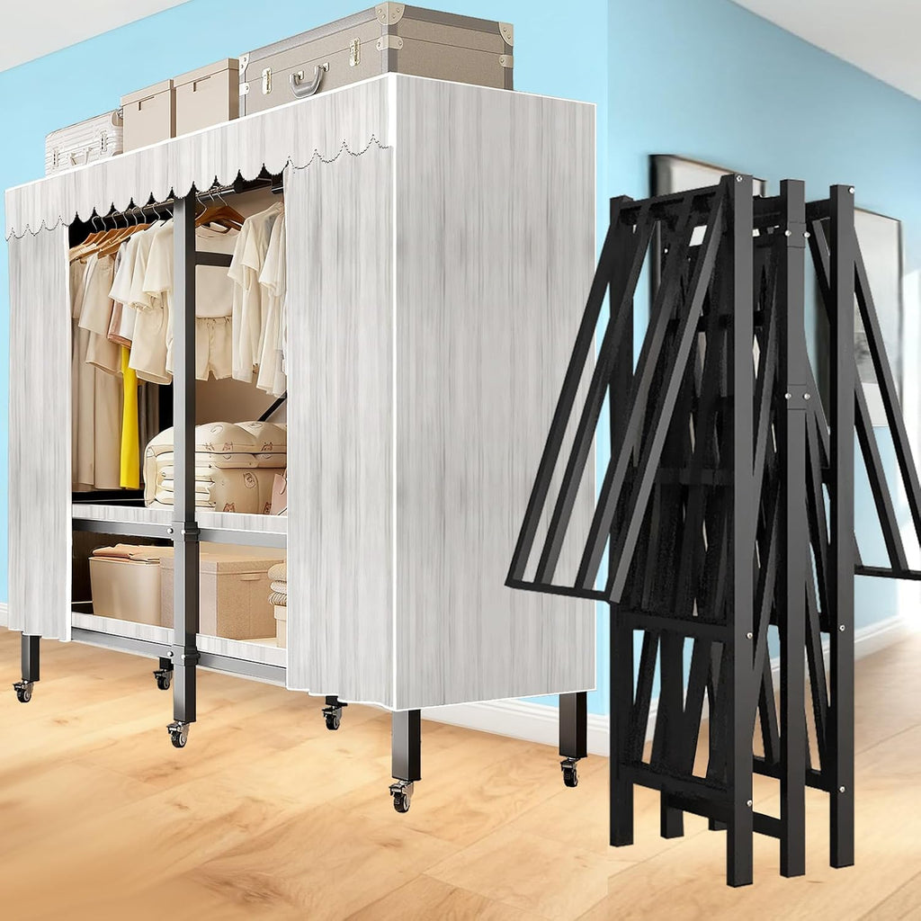 Garment Rack with Cover, Heavy Duty Portable Wardrobe Closet 2000LB, Foldable Clothe Rack with Wheel, Clothes Rack for Hanging, Amoires Clothing Coat Storage Rack (LightGray, 49.21in)