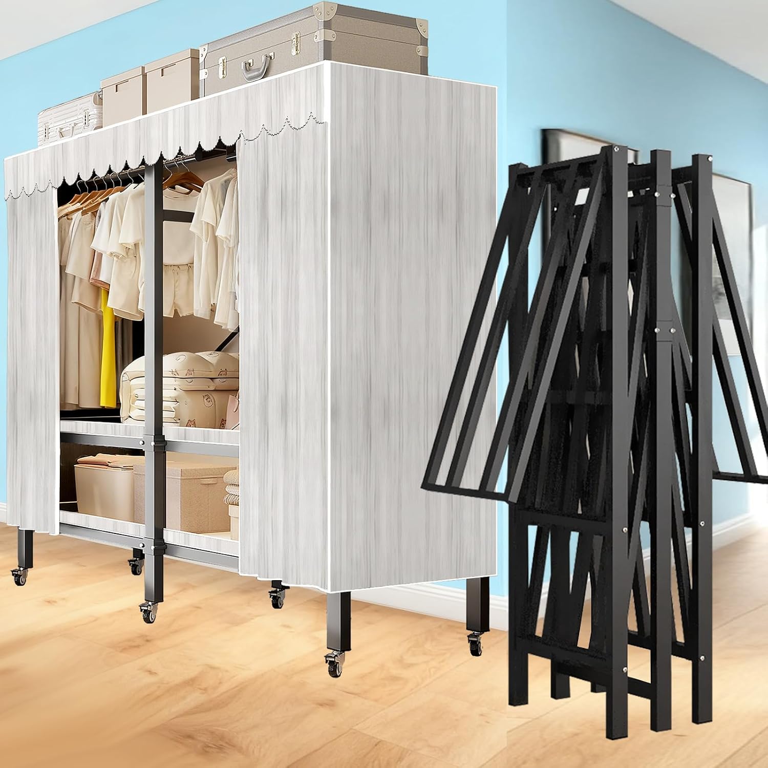 Garment Rack with Cover, Heavy Duty Portable Wardrobe Closet 2000LB, Foldable Clothe Rack with Wheel, Clothes Rack for Hanging, Amoires Clothing Coat Storage Rack (LightGray, 49.21in)