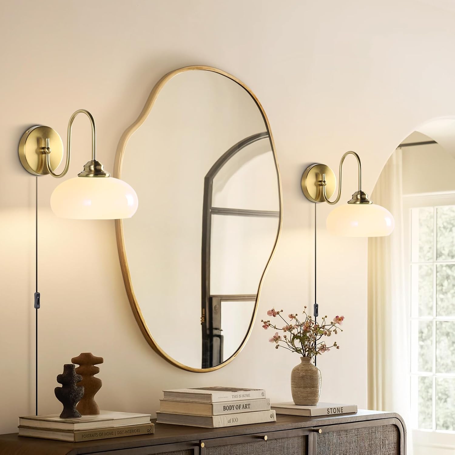 KCO Lighting Glass Dome Wall Sconce Plug in Mid Century Modern Wall Lamp Gold Wall Light Fixtures Vintage Milk Glass Wall Sconces Set of Two