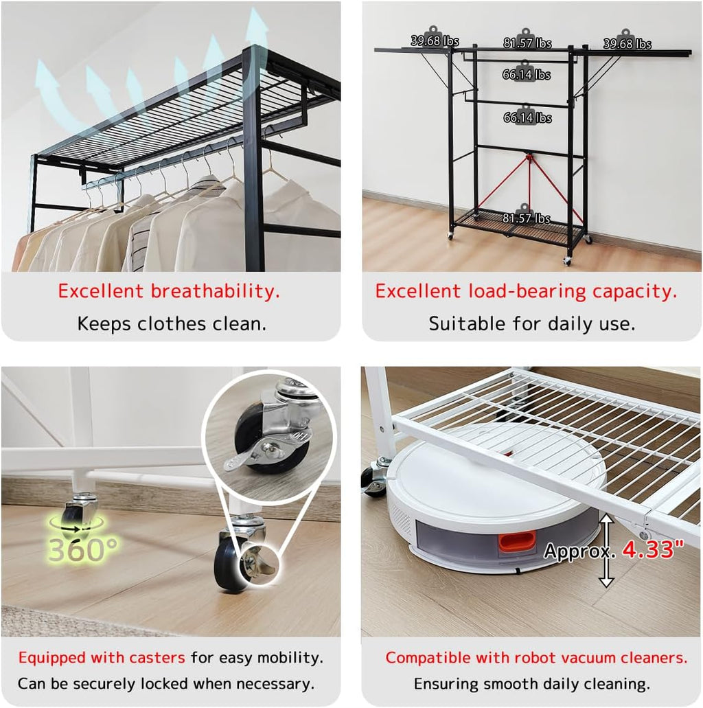 lumizone Folding Clothing Rack with Wheels Expandable Wardrobe Portable Clothes Rack for Hanging Clothes Adjustable Closet Shelves Garment Rack Durable Closet Racks for Hanging Clothes (Pro Black)