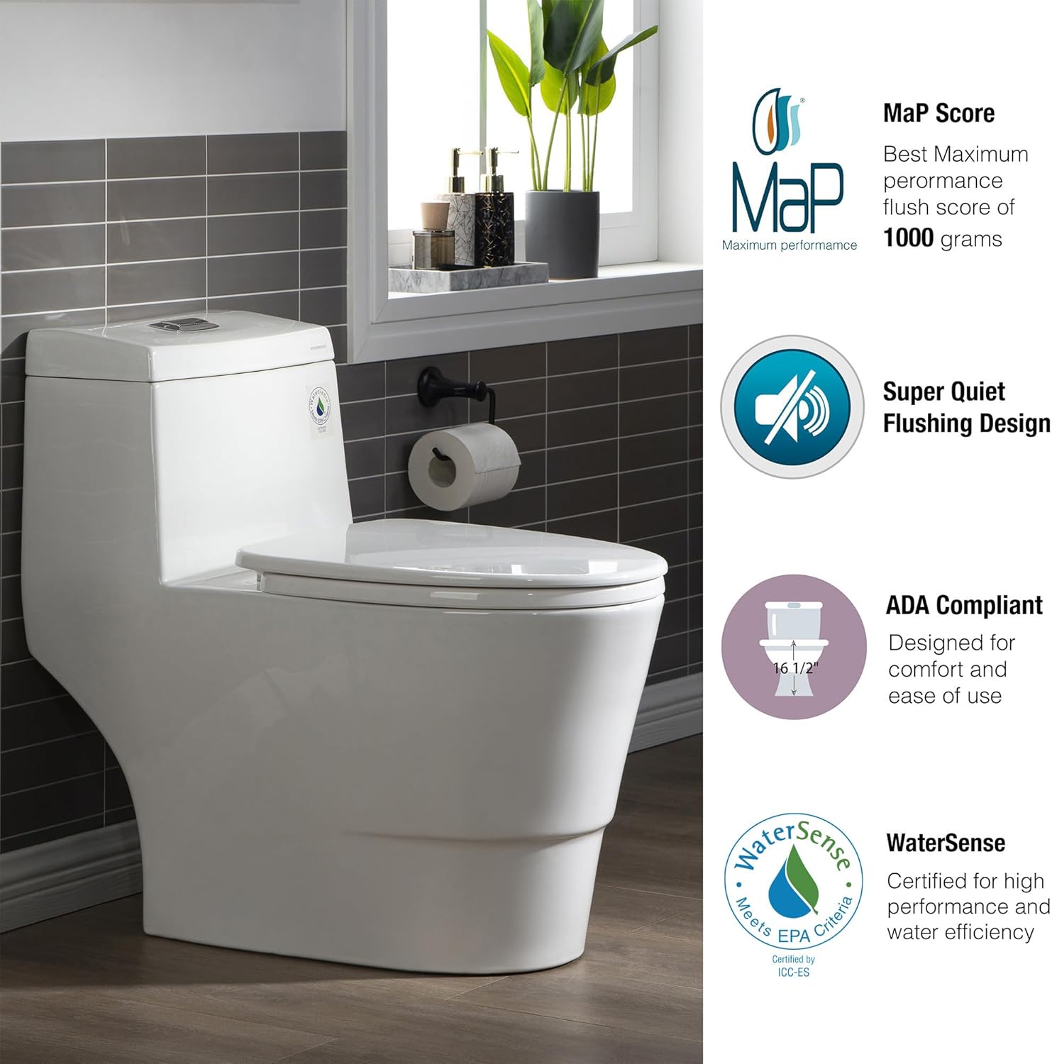 WOODBRIDGEE One Piece Toilet with Soft Closing Seat, Chair Height, 1.28 GPF Dual, Water Sensed, 1000 Gram MaP Flushing Score Toilet with Brushed Nickel, White,B0940-F-BN