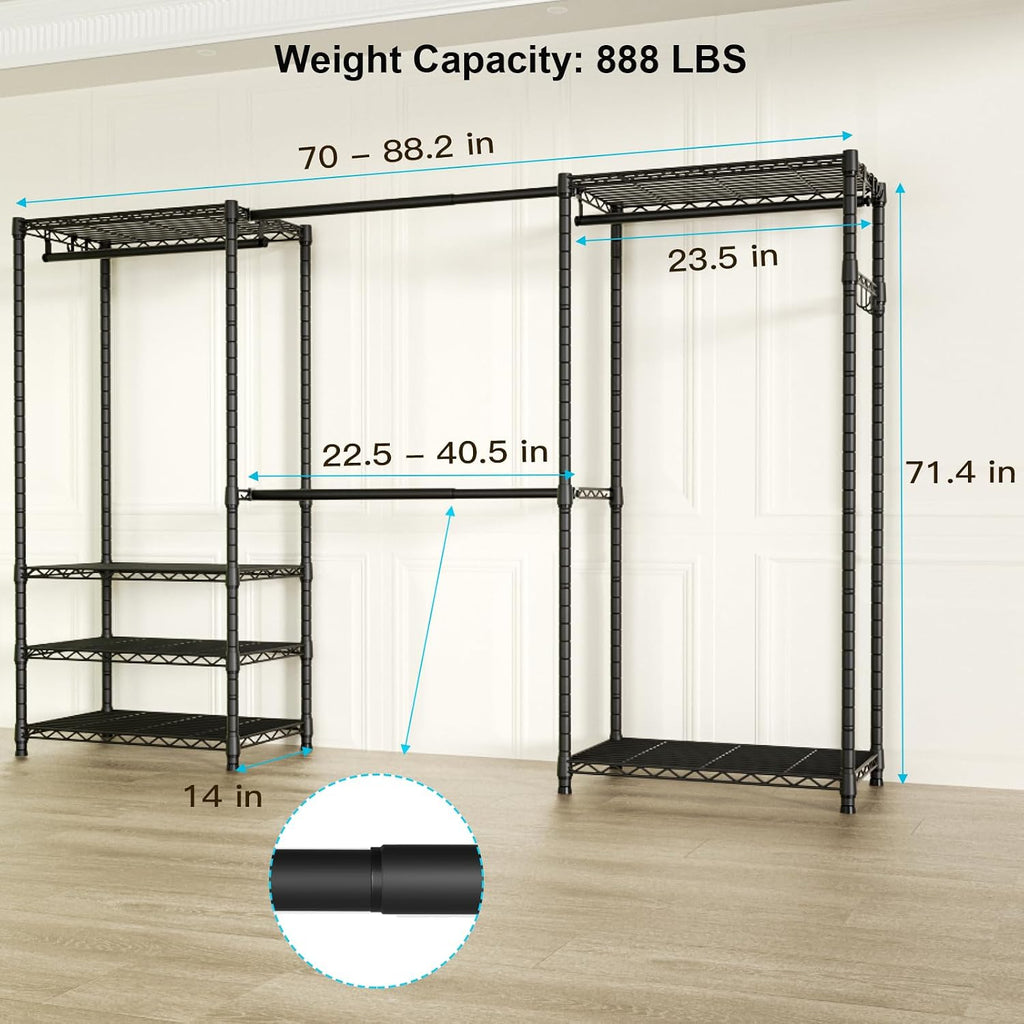 Ulif E1 Heavy Duty Closet Garment Rack, 6 Tiers Adjustable Metal Freestanding Expandable Clothing Storage with 4 Hanger Rods, Easy to Assemble Wardrobe, Matte Black