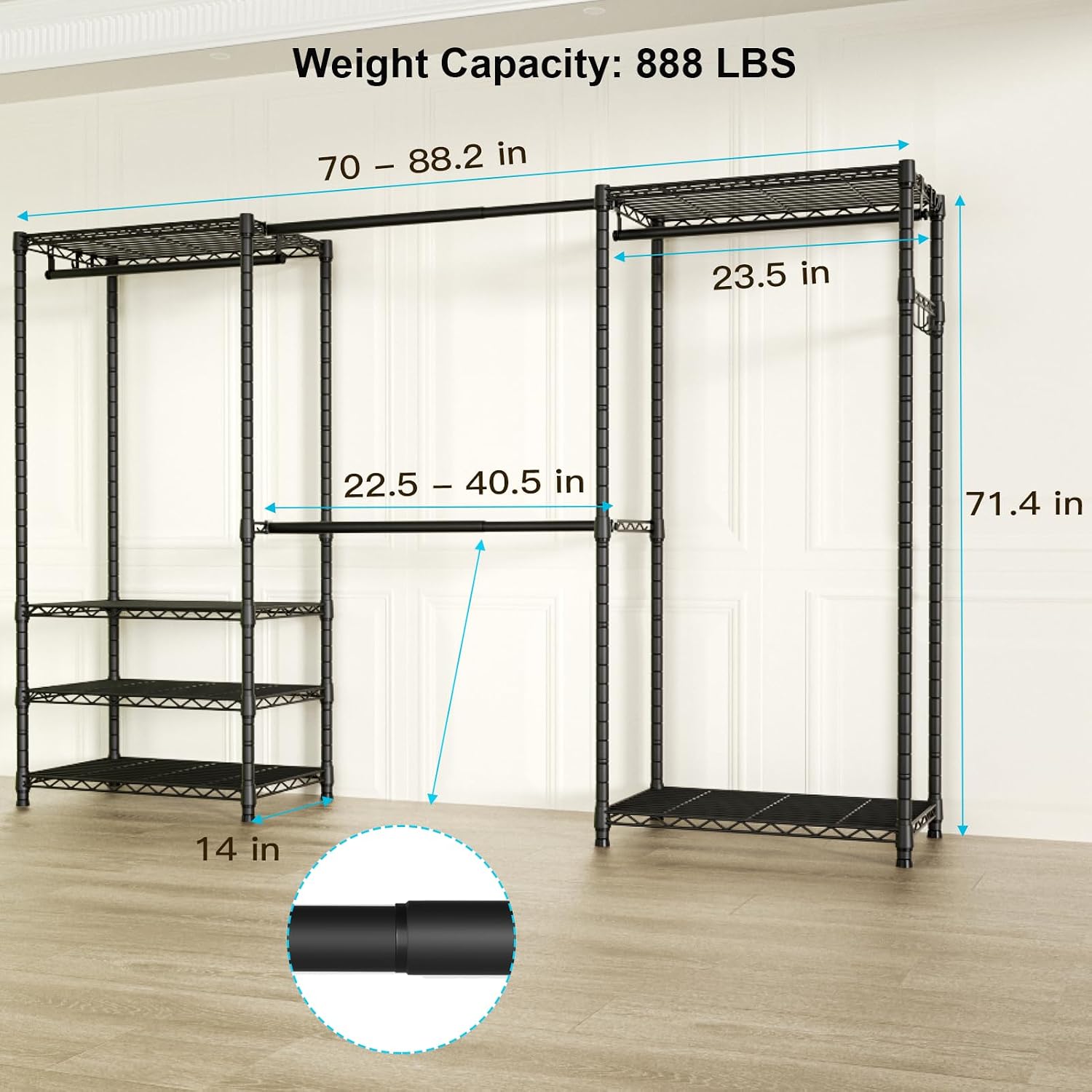 Ulif E1 Heavy Duty Closet Garment Rack, 6 Tiers Adjustable Metal Freestanding Expandable Clothing Storage with 4 Hanger Rods, Easy to Assemble Wardrobe, Matte Black