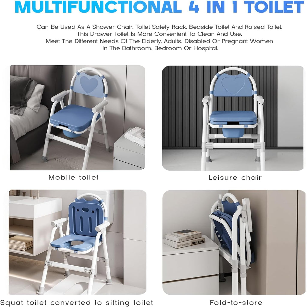 4 in 1 Folding Bedside Commode Chair for Elderly with Arms and Back,Adjustable Height Raised Toilet Seat with Handles,Adults Potty Chair for Seniors,Disabled,Pregnant Holds Up to 330 lbs (ABS Seat)