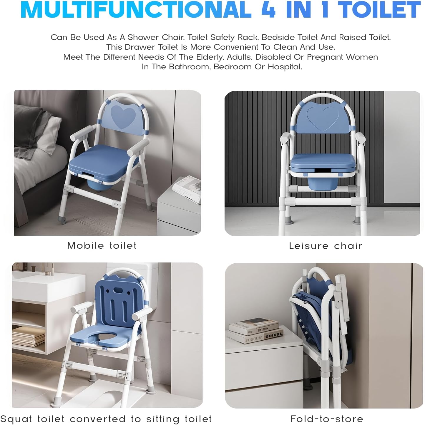 4 in 1 Folding Bedside Commode Chair for Elderly with Arms and Back,Adjustable Height Raised Toilet Seat with Handles,Adults Potty Chair for Seniors,Disabled,Pregnant Holds Up to 330 lbs (ABS Seat)