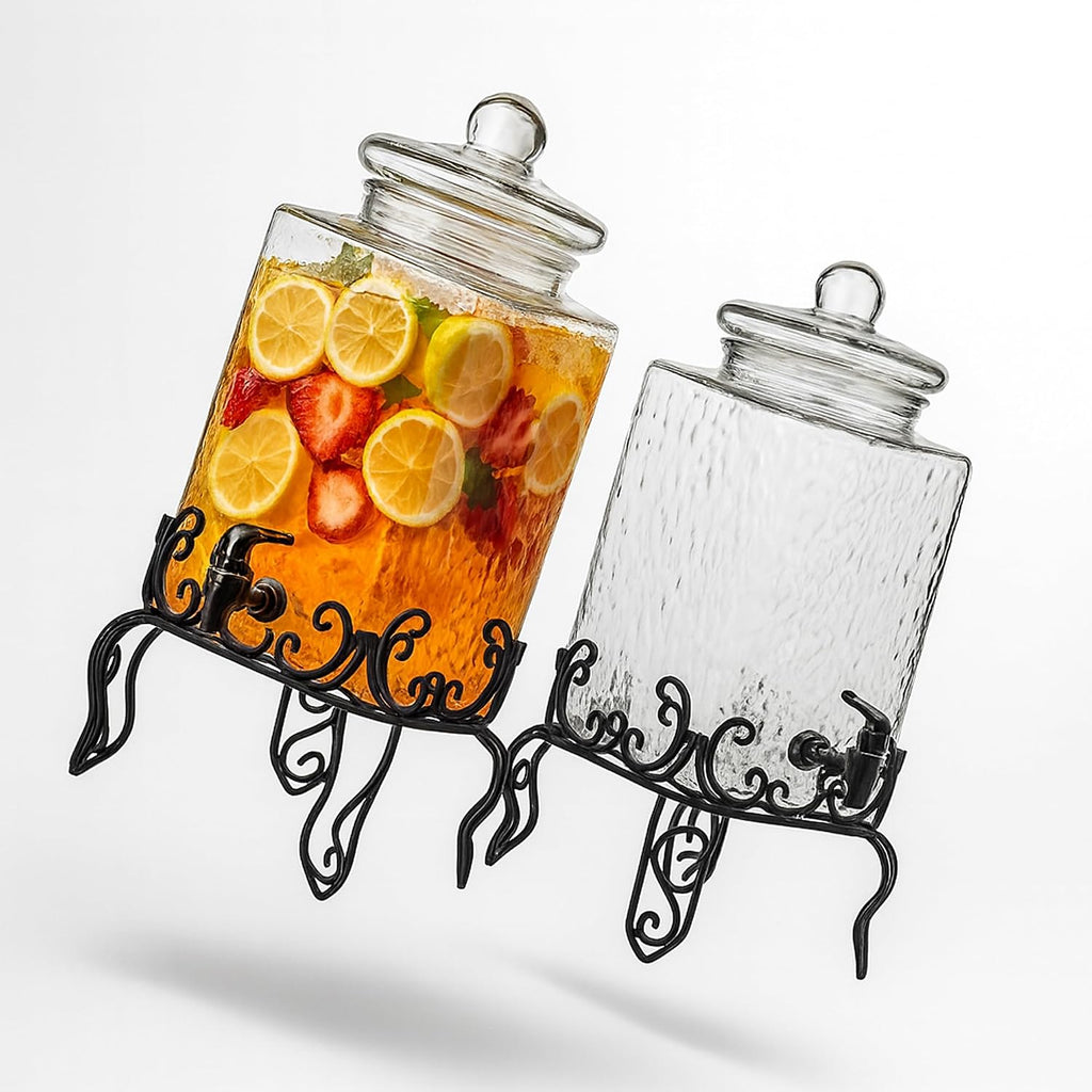 5 Gallon Hammered Glass Beverage Dispenser With Metal Stand, Durable Glass Drink Dispenser For Parties, Juice, Lemonade And More, Elegant (Pack Of 2)