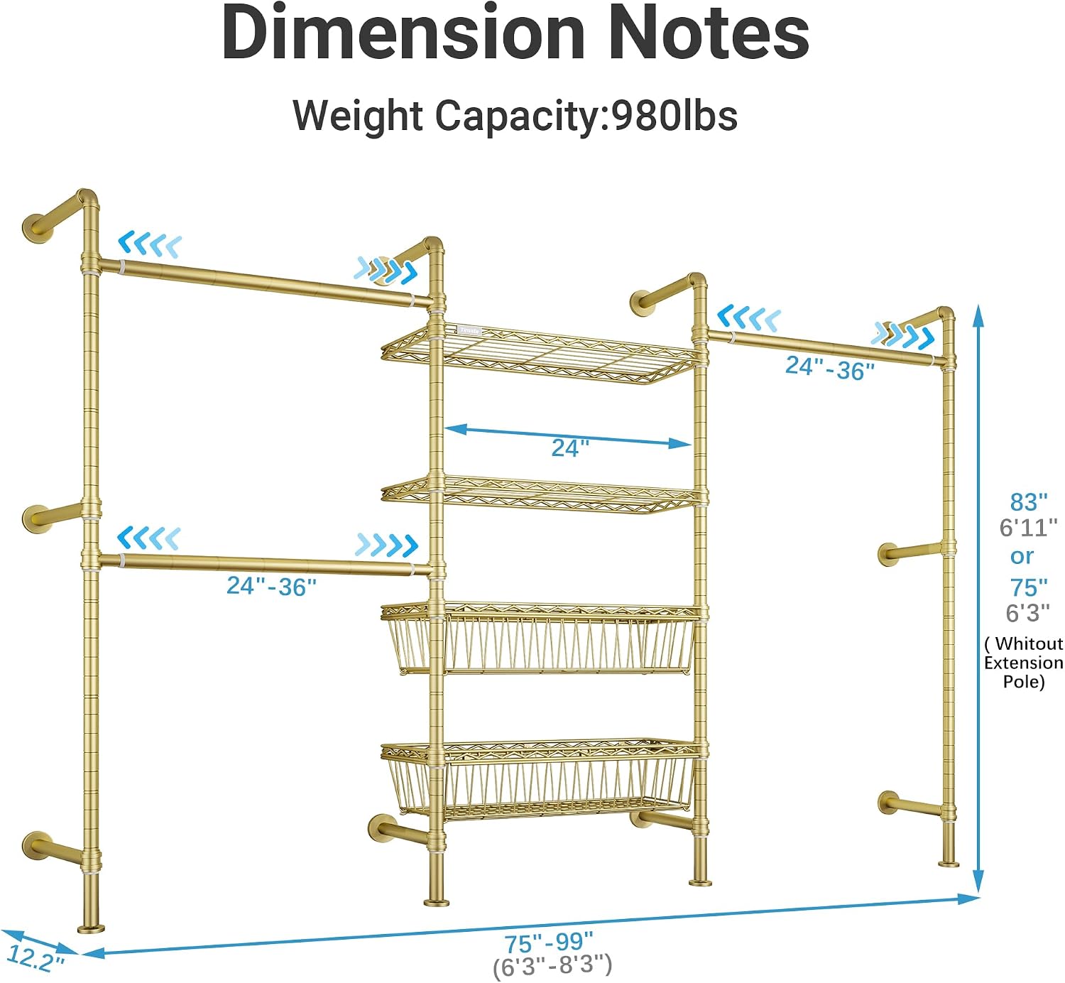 Timate X3 Expandable Heavy Duty Clothes Rack Wall Mounted Clothing Rack for Hanging Clothes, Industrial Pipe Closet System for Walk in Closet Kit, Wall Mount Clothes Rack with Basket, Gold Wall Closet