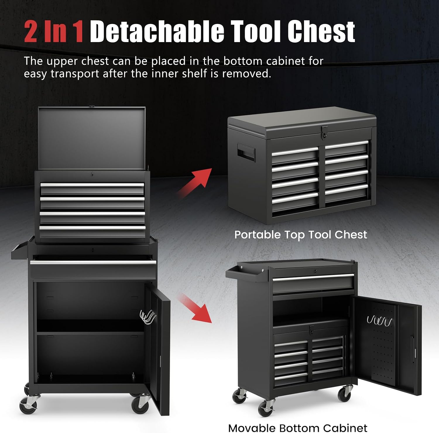 IRONMAX 5-Drawer Rolling Tool Chest, 2-in-1 Detachable Heavy Duty Tool Box Storage Cabinet with Auto Lock, Adjustable Shelf & Hooks, Metal Toolbox on Wheels for Garage Workshop (Black)
