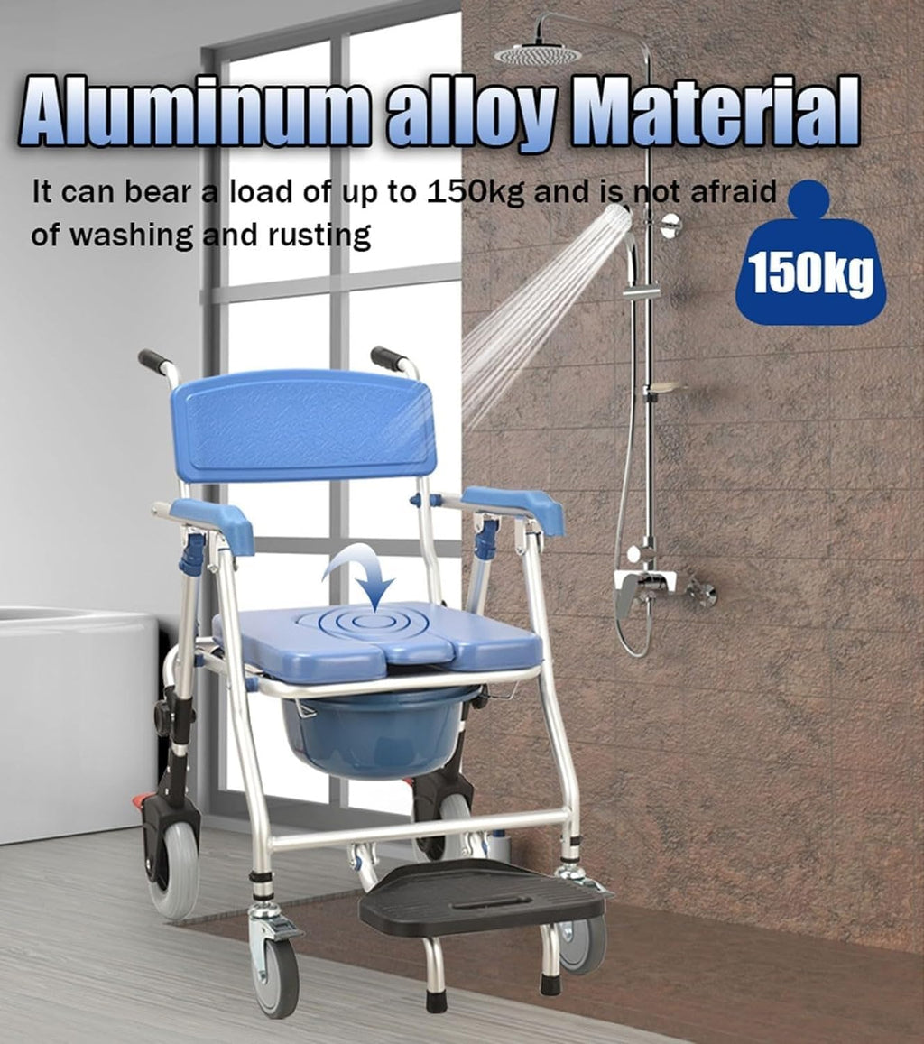 Commode Chair for Seniors with Wheels, 3-in-1 Toilet Shower Wheelchair for Seniors Injured Person Pregnant Shower Chair Foldable with Brake and Oval Commode, up to 150Kg