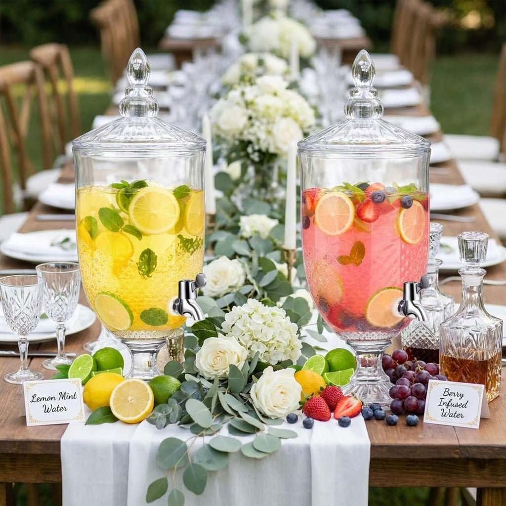 Bokon 2 Pieces 1.3 Gallon Drink Dispensers for Parties Crystal Iced Beverage Dispenser with Stand and Spigot, Glass Liquid Containers Wide Mouth Beverage Server for Juice Tea Wedding(Exquisite)