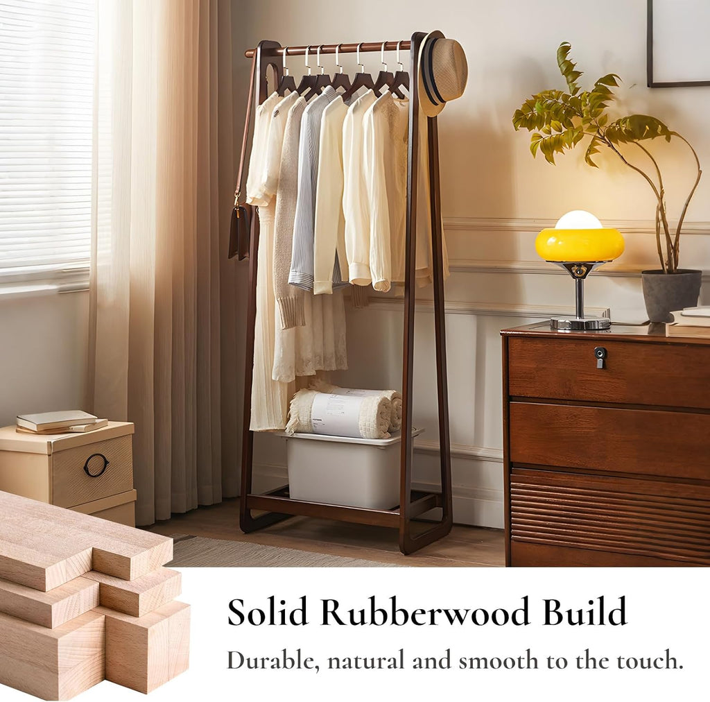 Solid Wood Clothing Rack with Shelf, Freestanding Garment Rack with Hooks, Rubberwood Clothes Organizer for Bedroom Entryway, Minimalist Wooden Clothes Stand (Walnut, 23.62 inches)