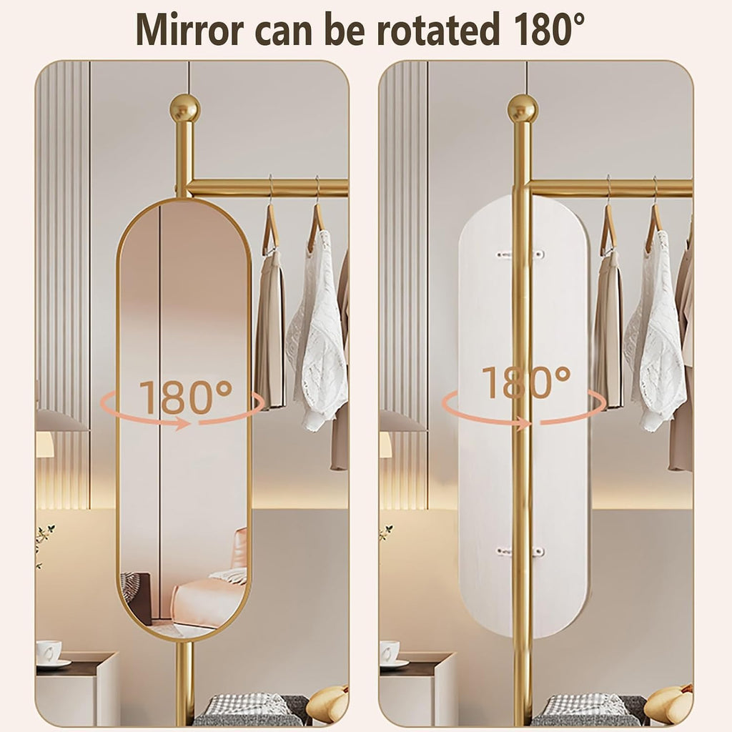 Metal Clothing Rack With 360° Rotating Mirror,Rolling Clothes Rack For Hanging Clothes,Garment Rack With Shelves, Portable Closet Organizer On Wheels For Hanging Clothes(Black,80cm/31.5in)
