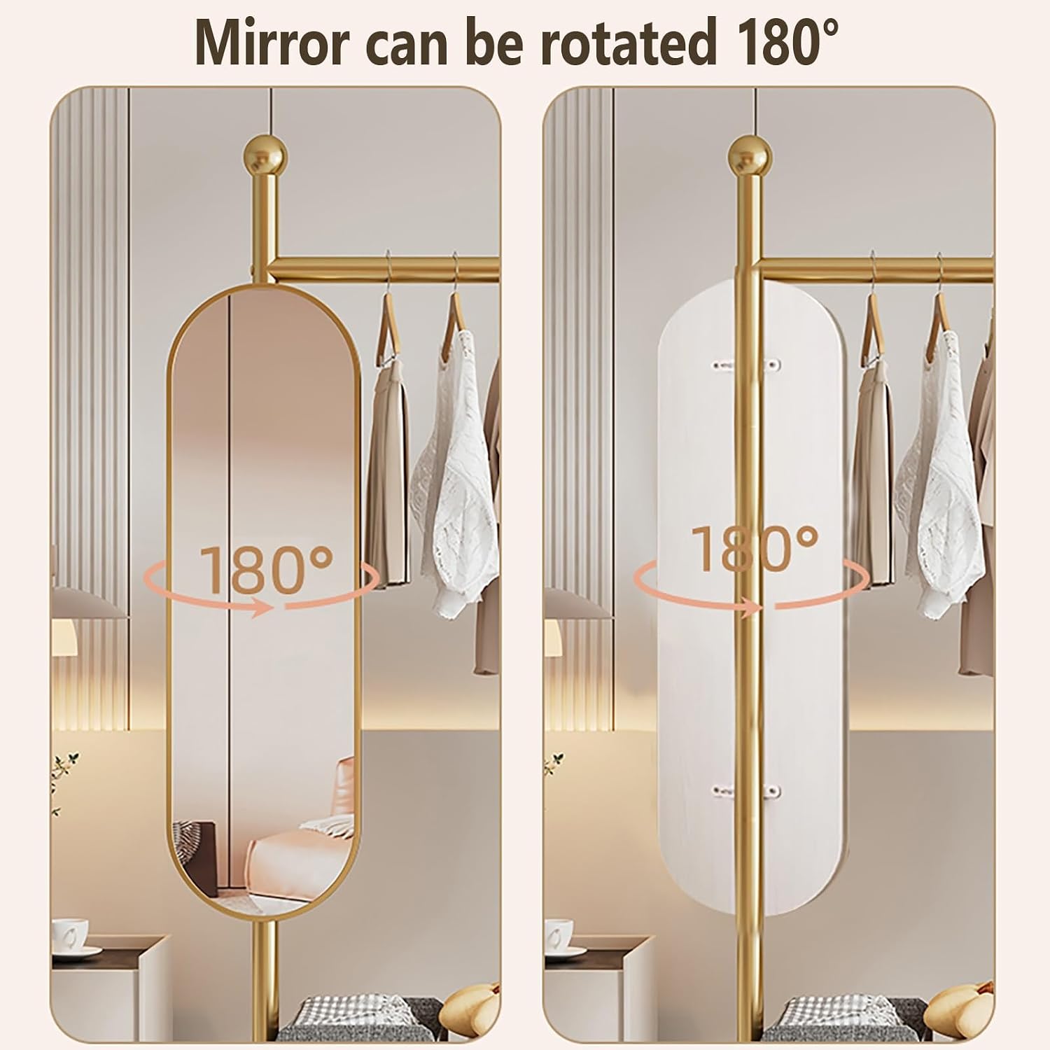 Metal Clothing Rack With 360° Rotating Mirror,Rolling Clothes Rack For Hanging Clothes,Garment Rack With Shelves, Portable Closet Organizer On Wheels For Hanging Clothes(Black,80cm/31.5in)