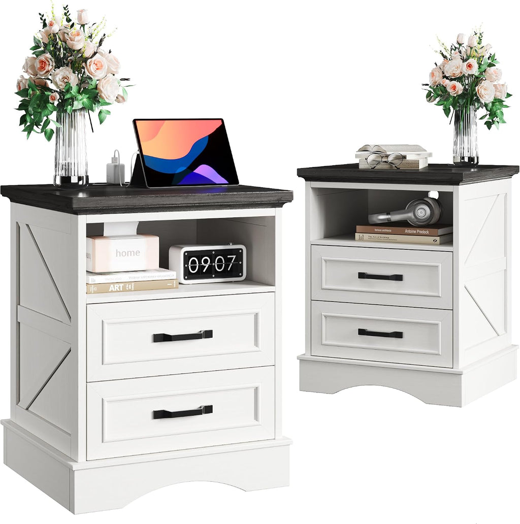 Fluest 24' Tall Farmhouse Nightstands Set of 2, Night Stands with Fast Charging Station, Beside Tables with Drawers and Open Storage, Rustic End Tables for Bedroom, Antique White