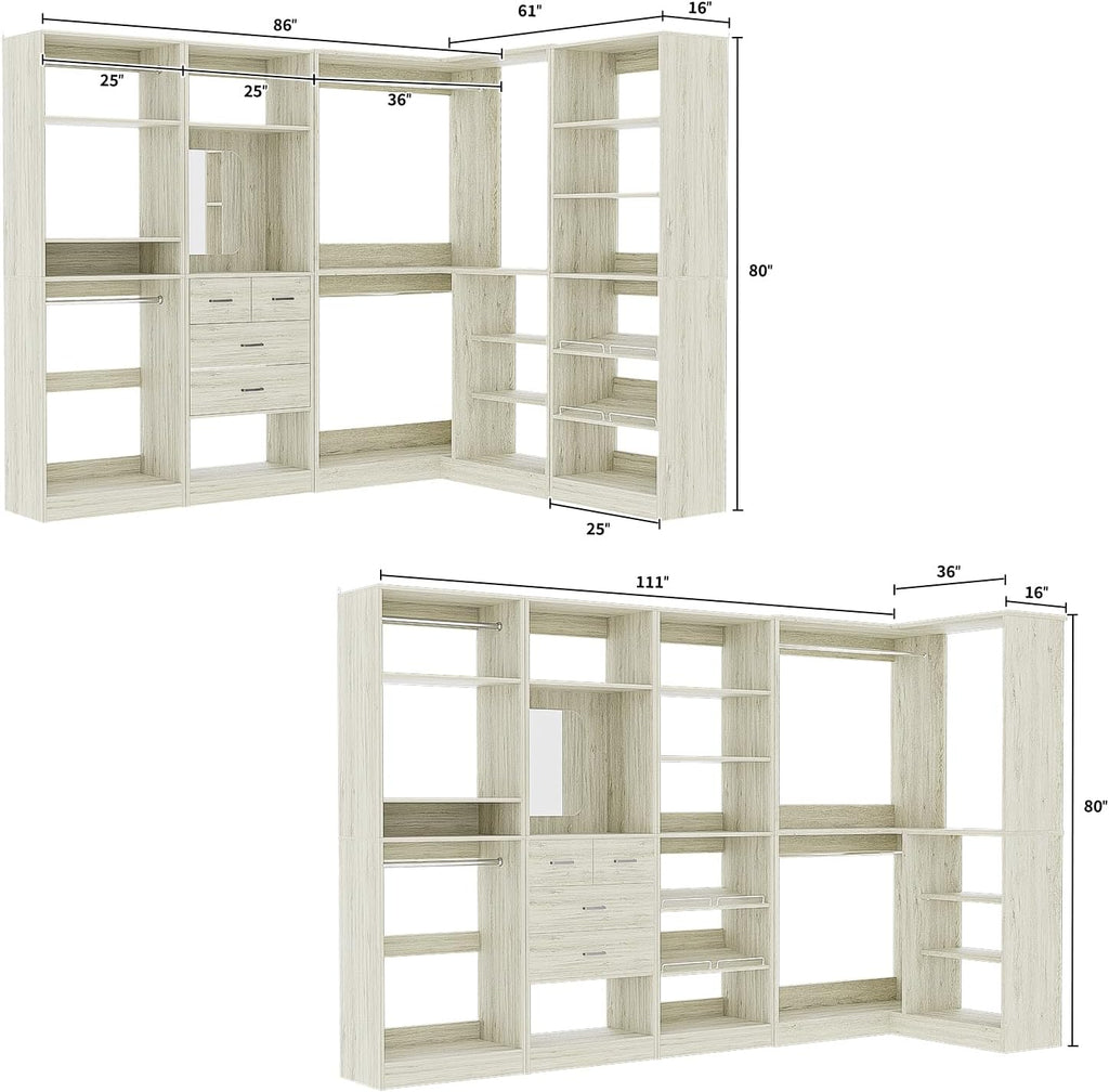 Unikito 110' Closet System with Drawers, 9.3FT Corner Closet Organizer with 4 Hanging Rods, Reversible Large Wood L Shaped Walk in Closets Wardrobe with Shoe Shelves, Set of 4, White Oak