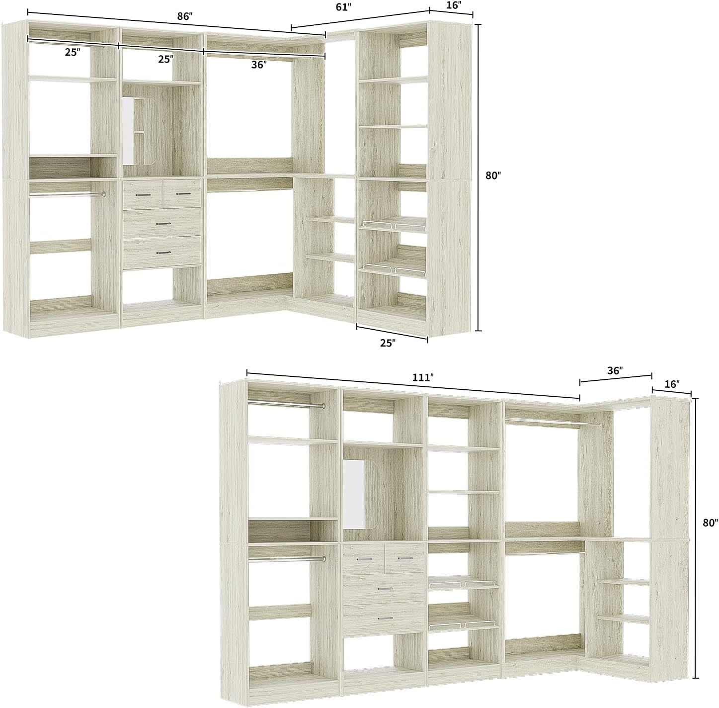 Unikito 110' Closet System with Drawers, 9.3FT Corner Closet Organizer with 4 Hanging Rods, Reversible Large Wood L Shaped Walk in Closets Wardrobe with Shoe Shelves, Set of 4, White Oak