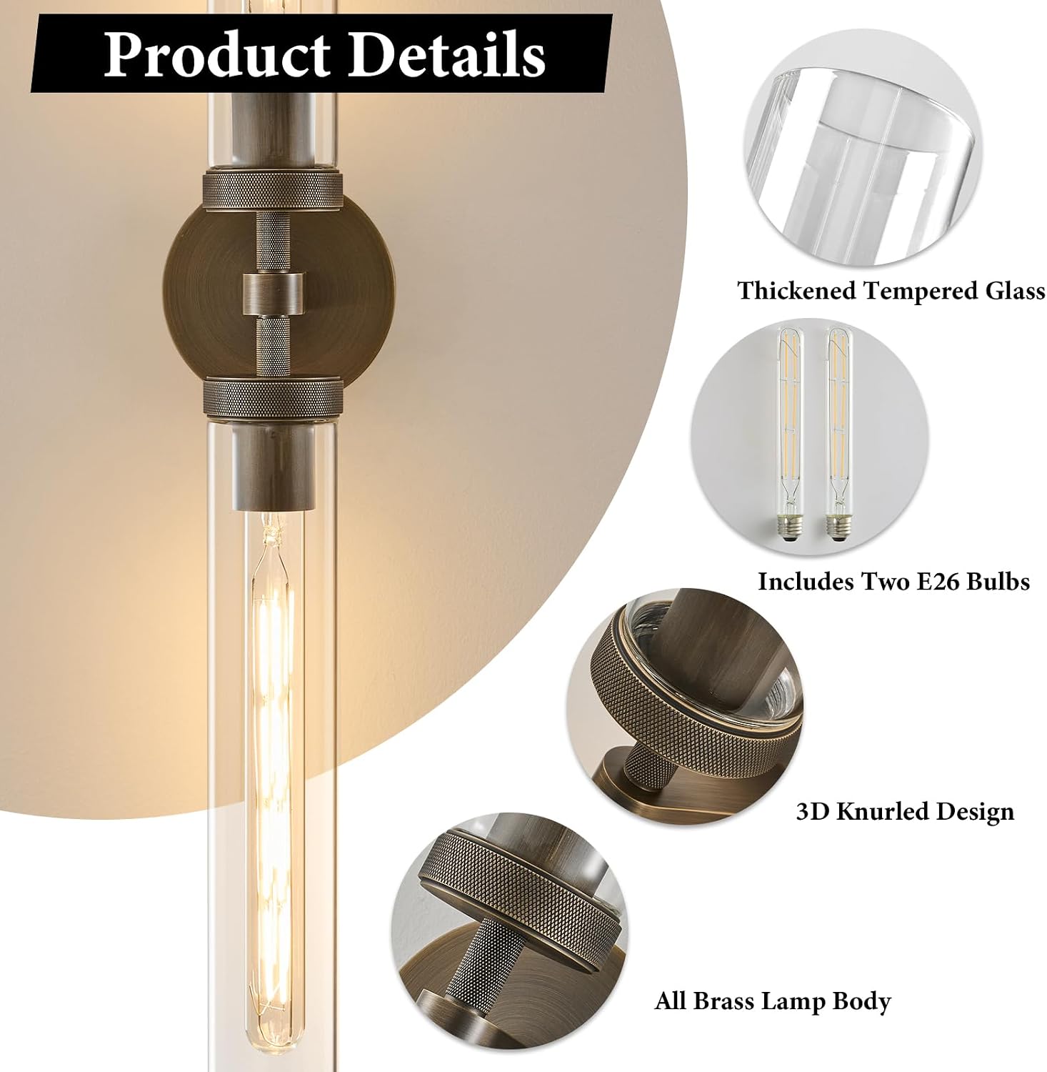 Knurled Brass Bathroom Wall Sconce - Luxury Brushed Antique Gold Sconces - Dimmable Indoor Lighting - Modern Linear Tube Vanity Lights Fixture with Clear Glass for Bedroom Living Room Decor