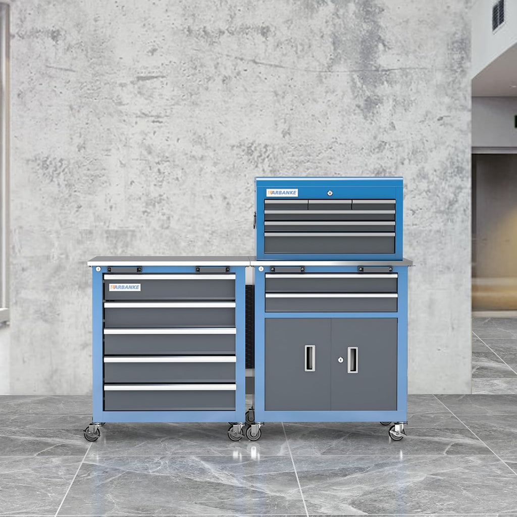 LARBANKE Rolling Tool Chest with Stainless Steel Tabletop,5-Drawer Tool Chest&8-Drawer Tool Box with Connection Buckle,Locking System Storage Cabinet with 360° Brake Swivel Wheels and Foot Pad