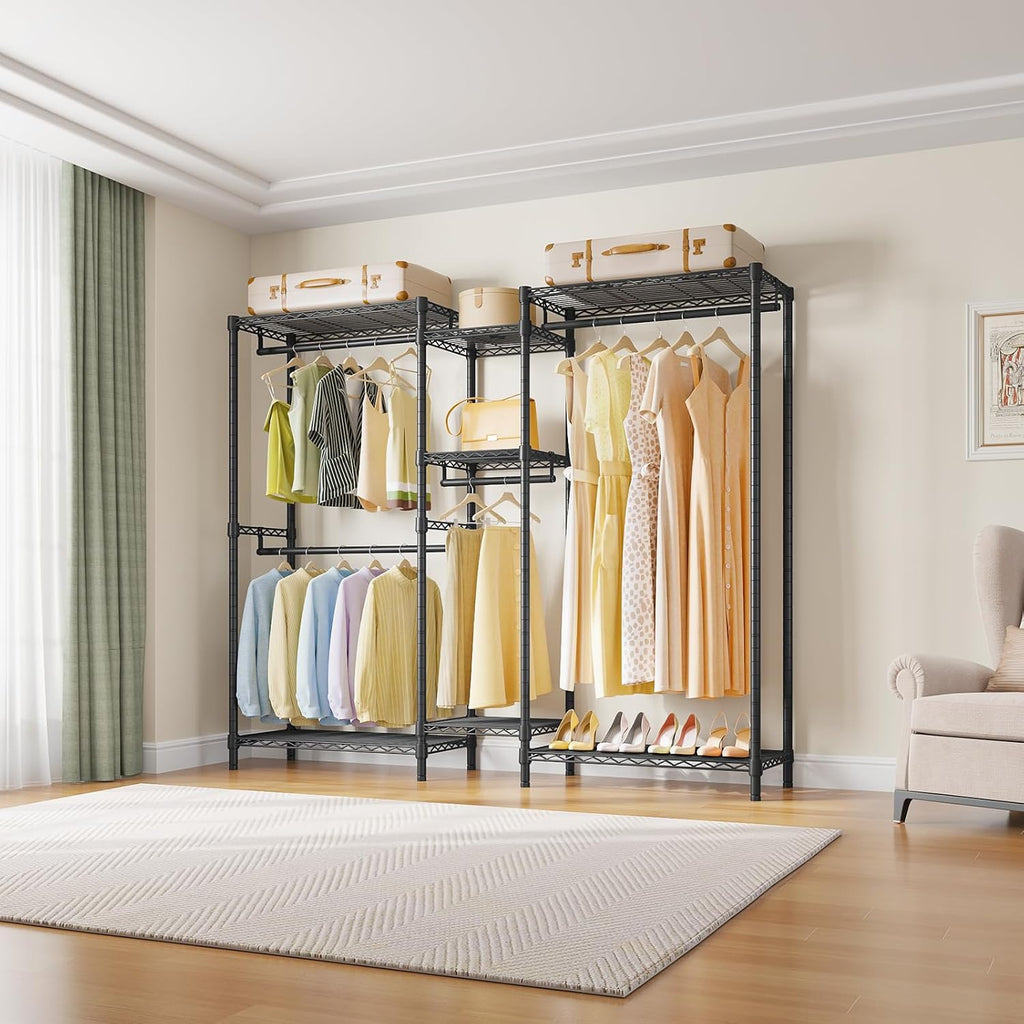 VIPEK Classic V6 Medium Heavy Duty Clothes Rack, 7-Tier Garment Rack with Adjustable Shelves, Portable Closet with 4 Hanging Rods, Space-Saving, 750lbs Capacity, 59.8' L x 14.6' W x 76.4' H, Black