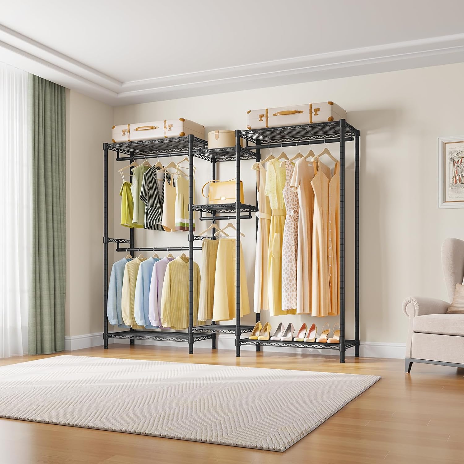 VIPEK Classic V6 Medium Heavy Duty Clothes Rack, 7-Tier Garment Rack with Adjustable Shelves, Portable Closet with 4 Hanging Rods, Space-Saving, 750lbs Capacity, 59.8' L x 14.6' W x 76.4' H, Black