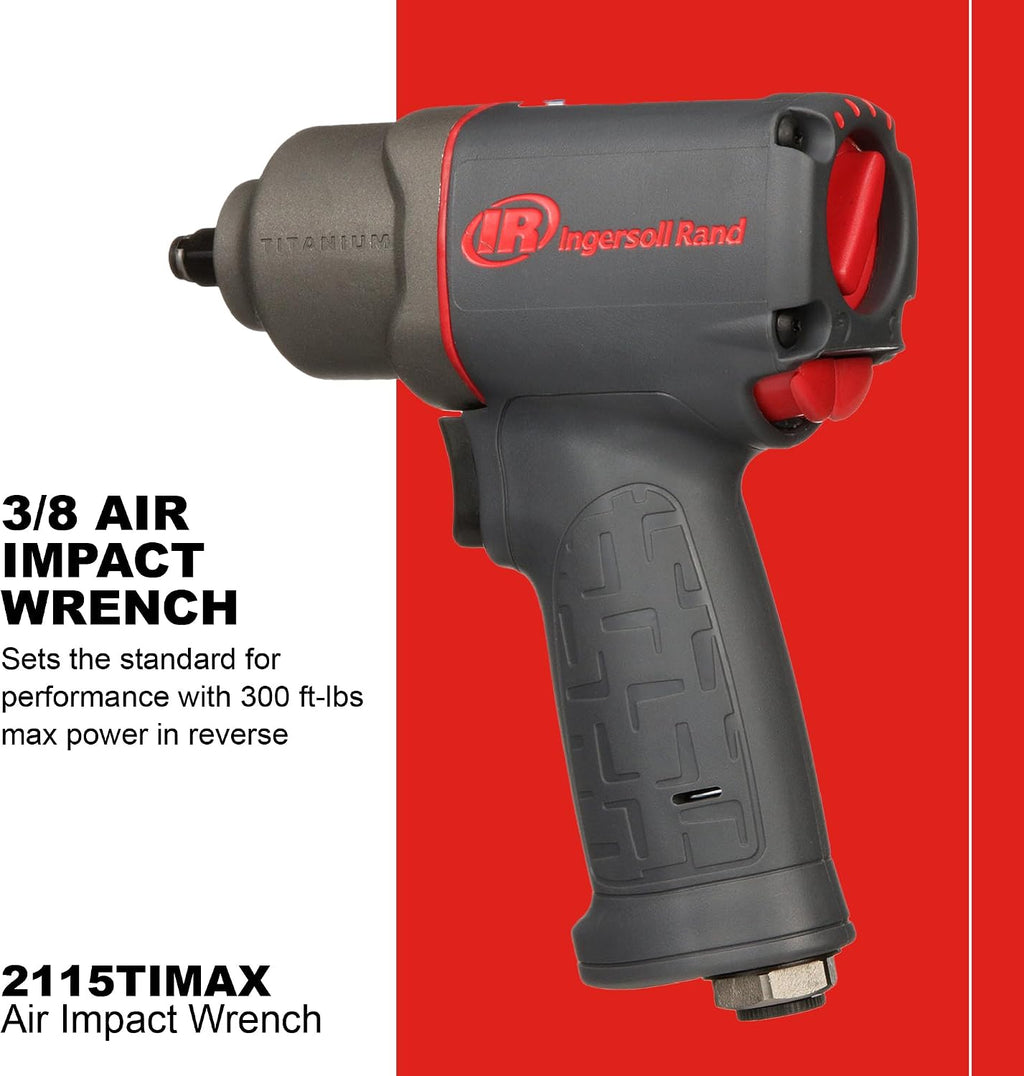 Ingersoll Rand 2115TiMAX 3/8' Air Impact Wrench, 300 ft-lbs Torque, Titanium Hammer Case, Friction Ring Retainer, Pistol