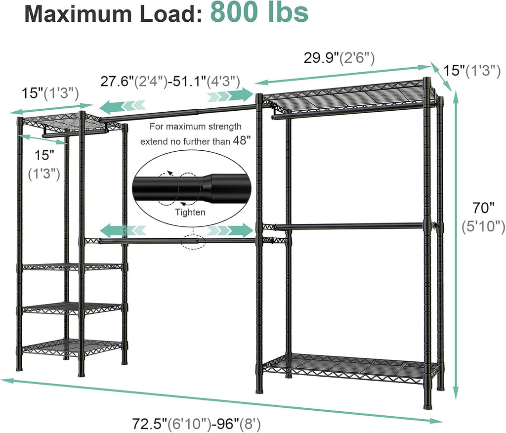 SEMHOR E01 Expandable Heavy Duty Clothes Rack, Free Standing Closet System Organizer, Adjustable Portable Carbon Steel Garment & Clothing Racks for Hanging Clothes (72.5-96'), 800LBS Max Load, Black