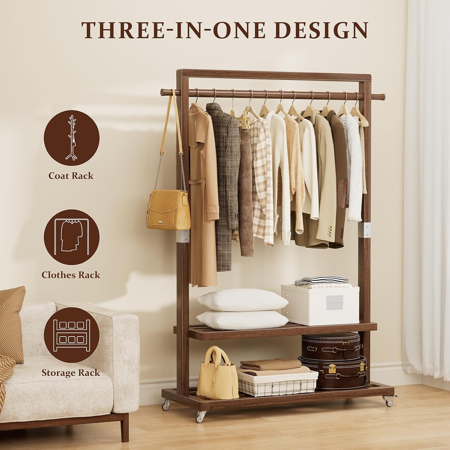 Solid Wood Clothes Rack with Wheels | 3-in-1 Freestanding Garment Rack & Coat Tree, Extra-Long Rod, Two Shelves, 220 lb Load | Organizer for Bedroom & Entryway