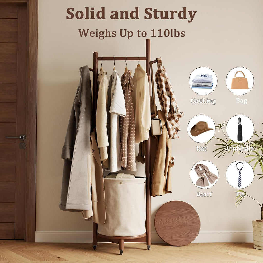 CycleCrew Solid Wood Coat Rack with Fabric Basket - Freestanding Coat Rack Rolling Coat Tree with 9 Hooks Wheels, Small Clothes Rack For Entryway Bedroom Hallway Living Room
