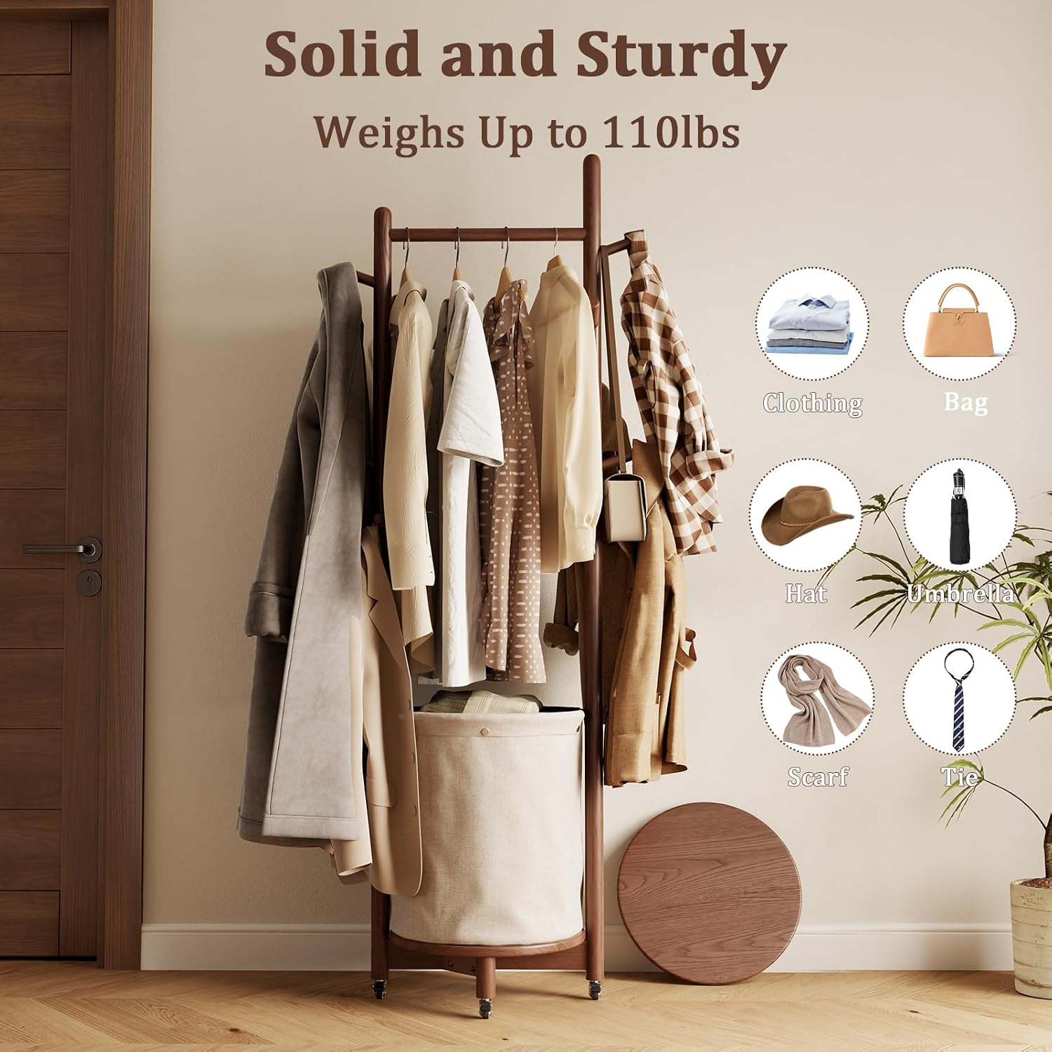 CycleCrew Solid Wood Coat Rack with Fabric Basket - Freestanding Coat Rack Rolling Coat Tree with 9 Hooks Wheels, Small Clothes Rack For Entryway Bedroom Hallway Living Room