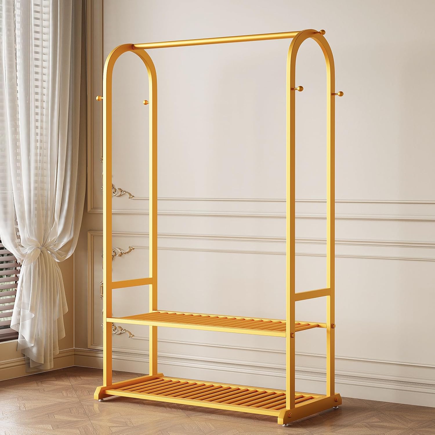Gold Clothing Rack for Hanging Clothes,Sturdy metal clothes rack,Modern Garment Rack with Bottom Storage Shelves and 6 Side Hooks, Freestanding Wardrobe Rack for Bedroom or Closet